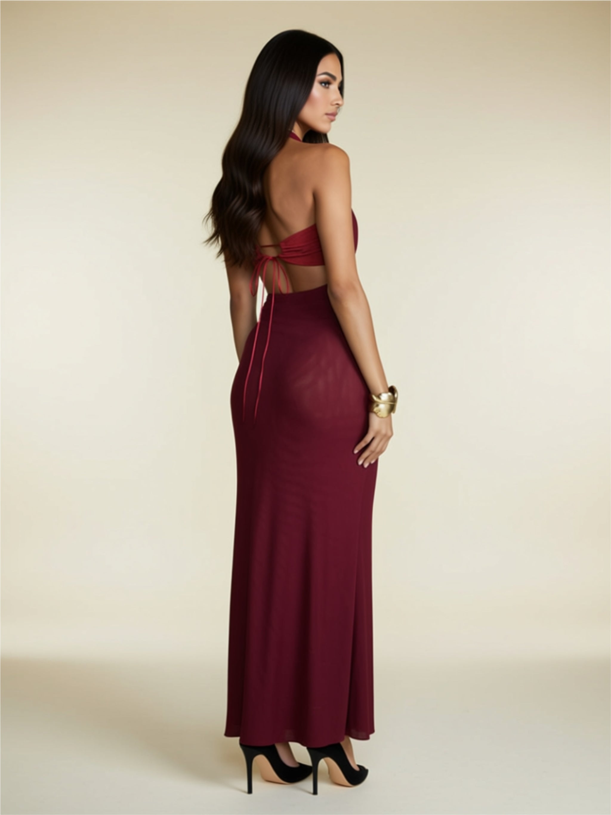 Halter Backless Wine Red Maxi Dress