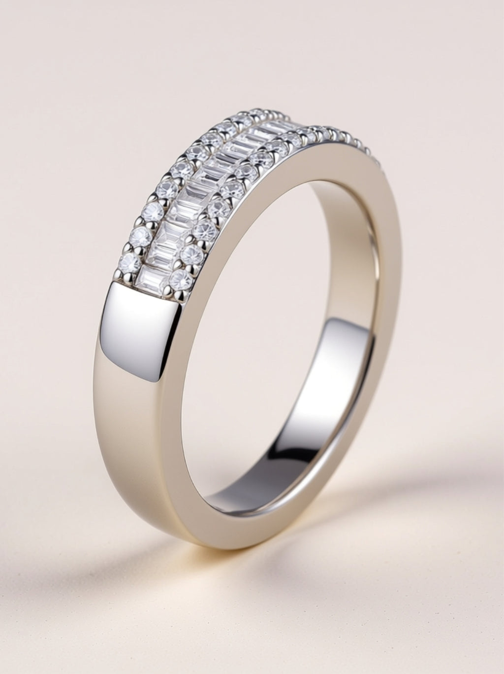 Elegant Baguette Moissanite Band Ring in Platinum‑Plated S925 Silver