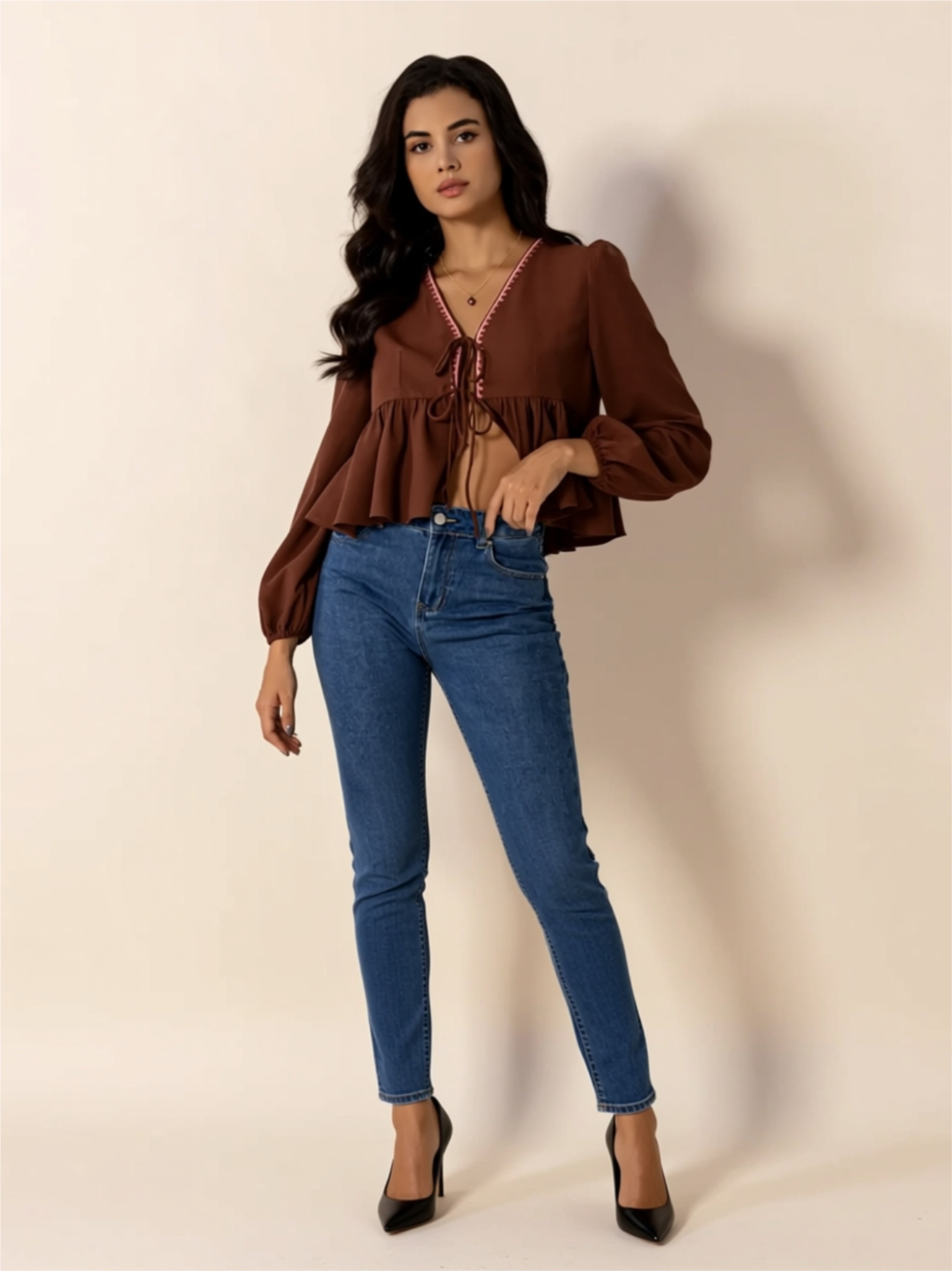 Ruched Tie-Front Peplum Blouse