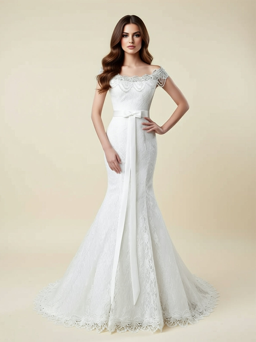 Off‑Shoulder Lace Mermaid Wedding Dress with Scalloped Train & Waist Ribbon