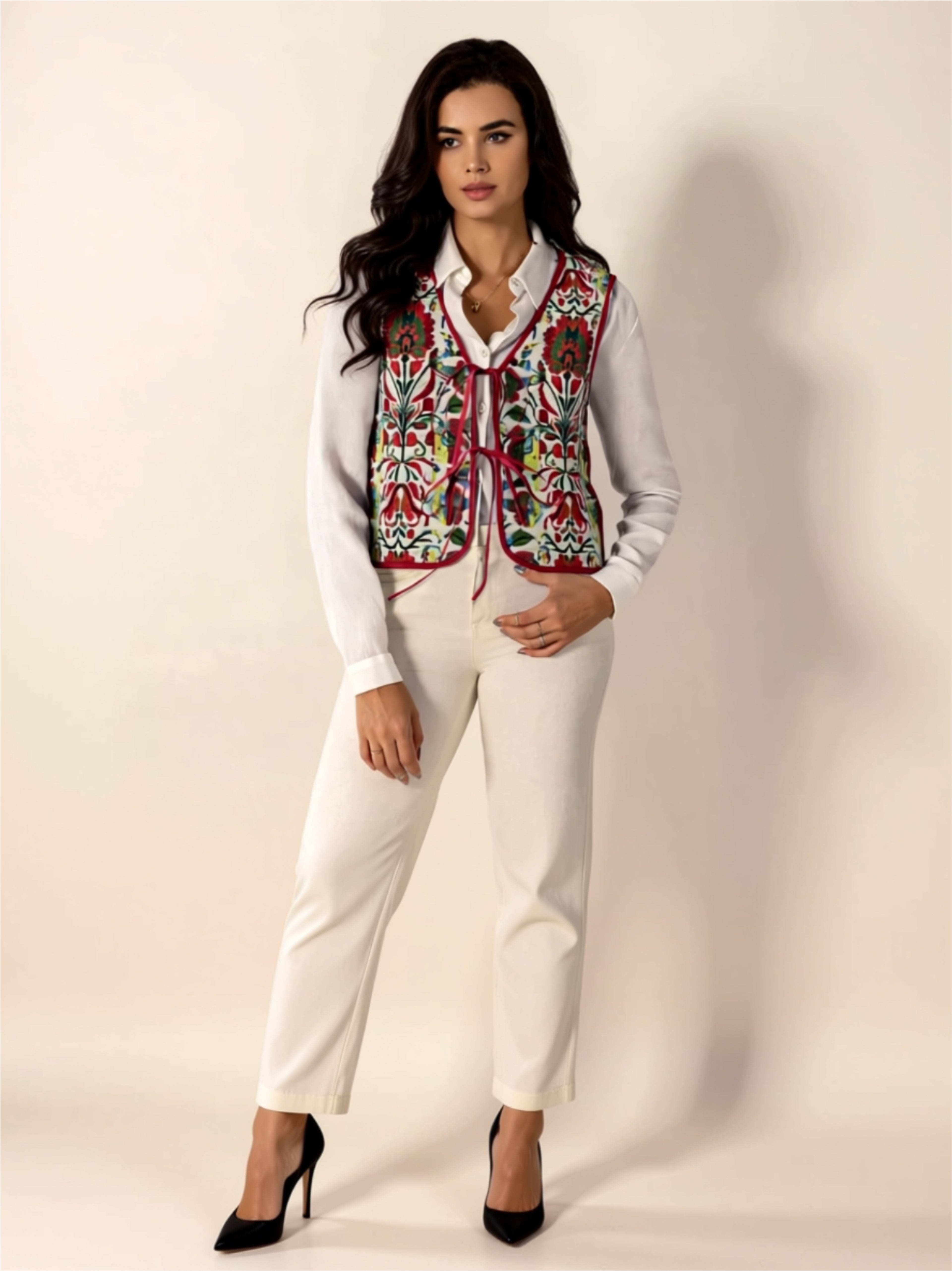 Embroidered Tie‑Front Vest