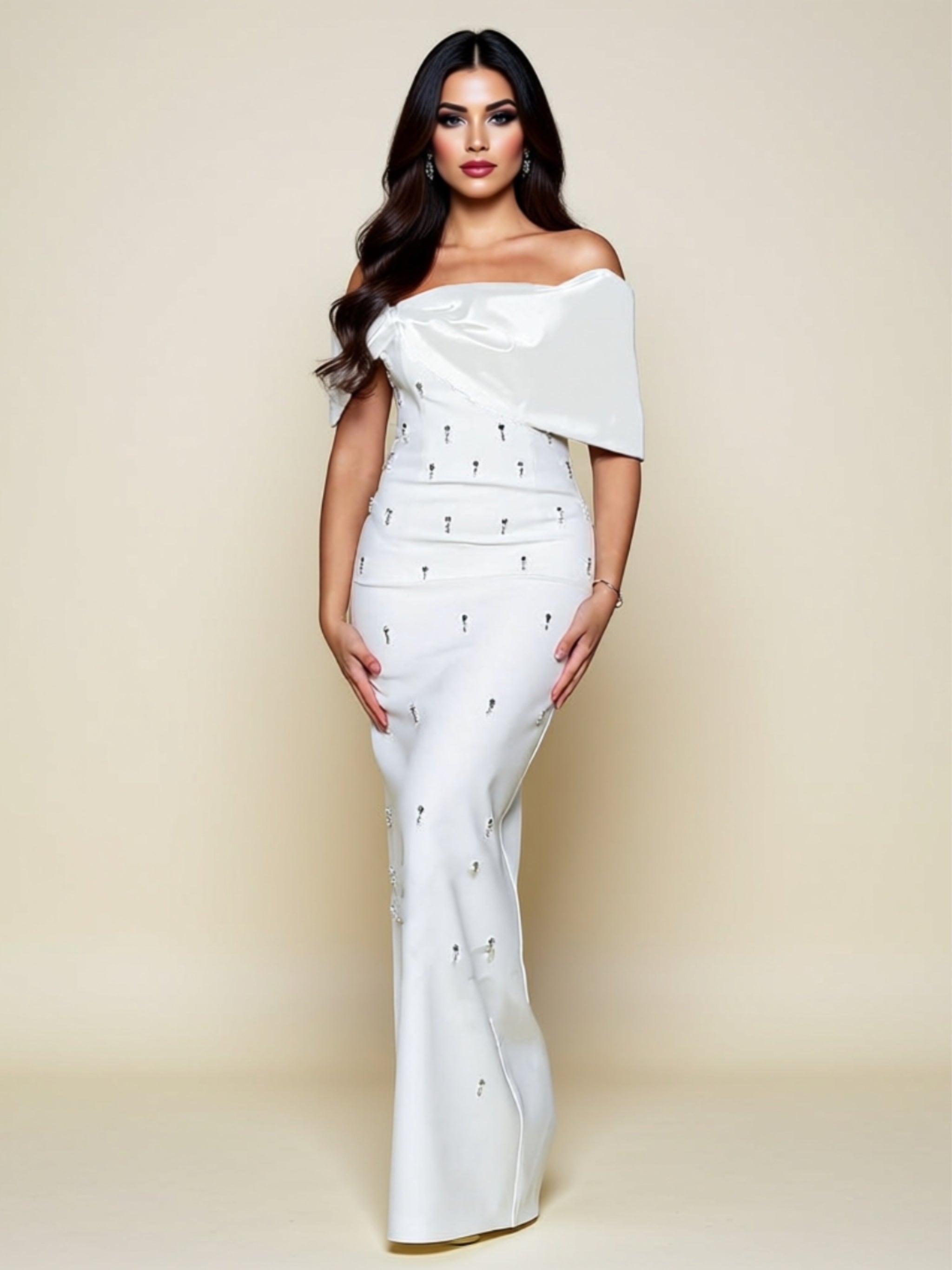 Elegant Off‑Shoulder Satin Bow Maxi Dress