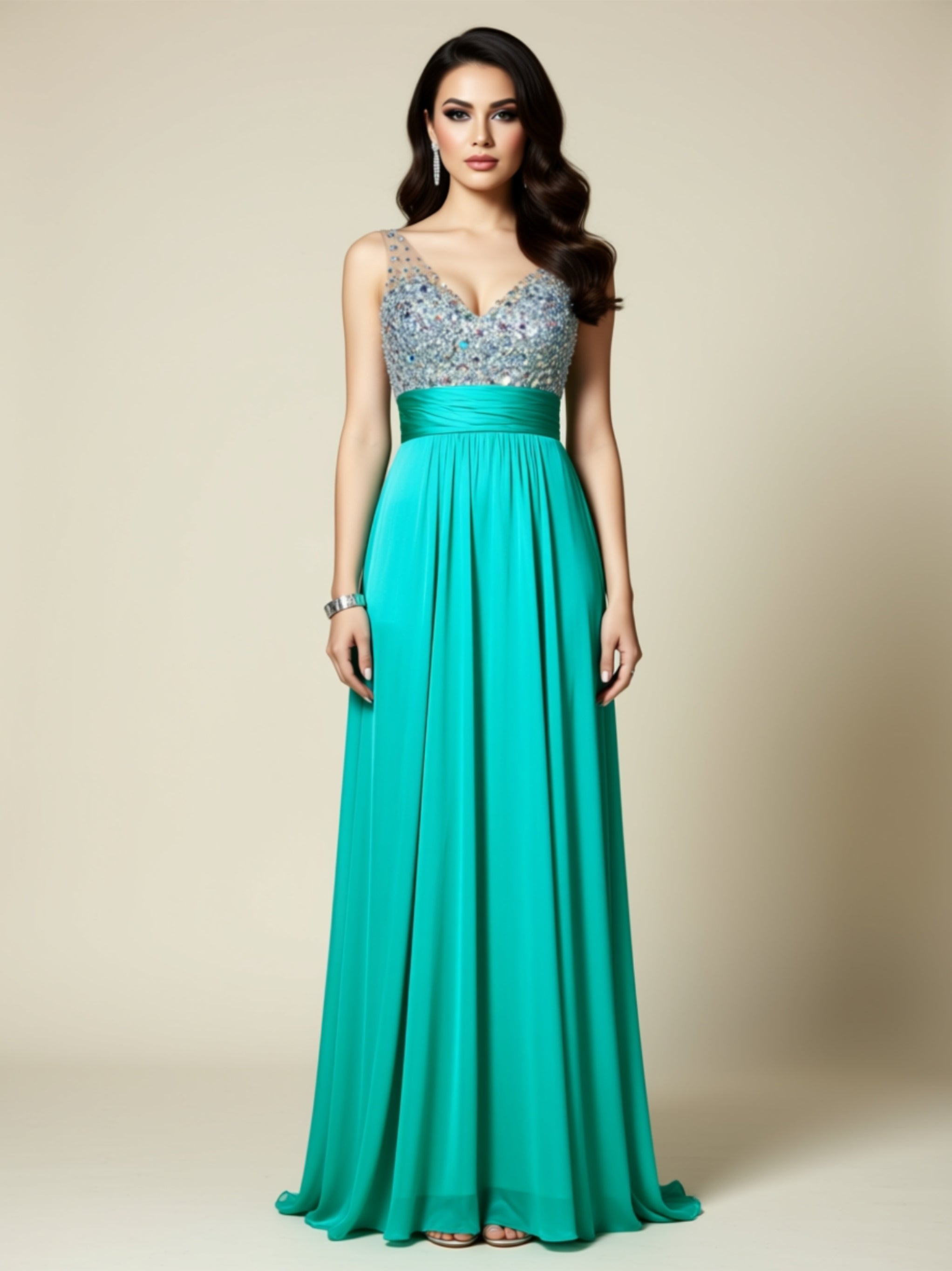 Silk Chiffon Diamond‑Embellished Evening Gown