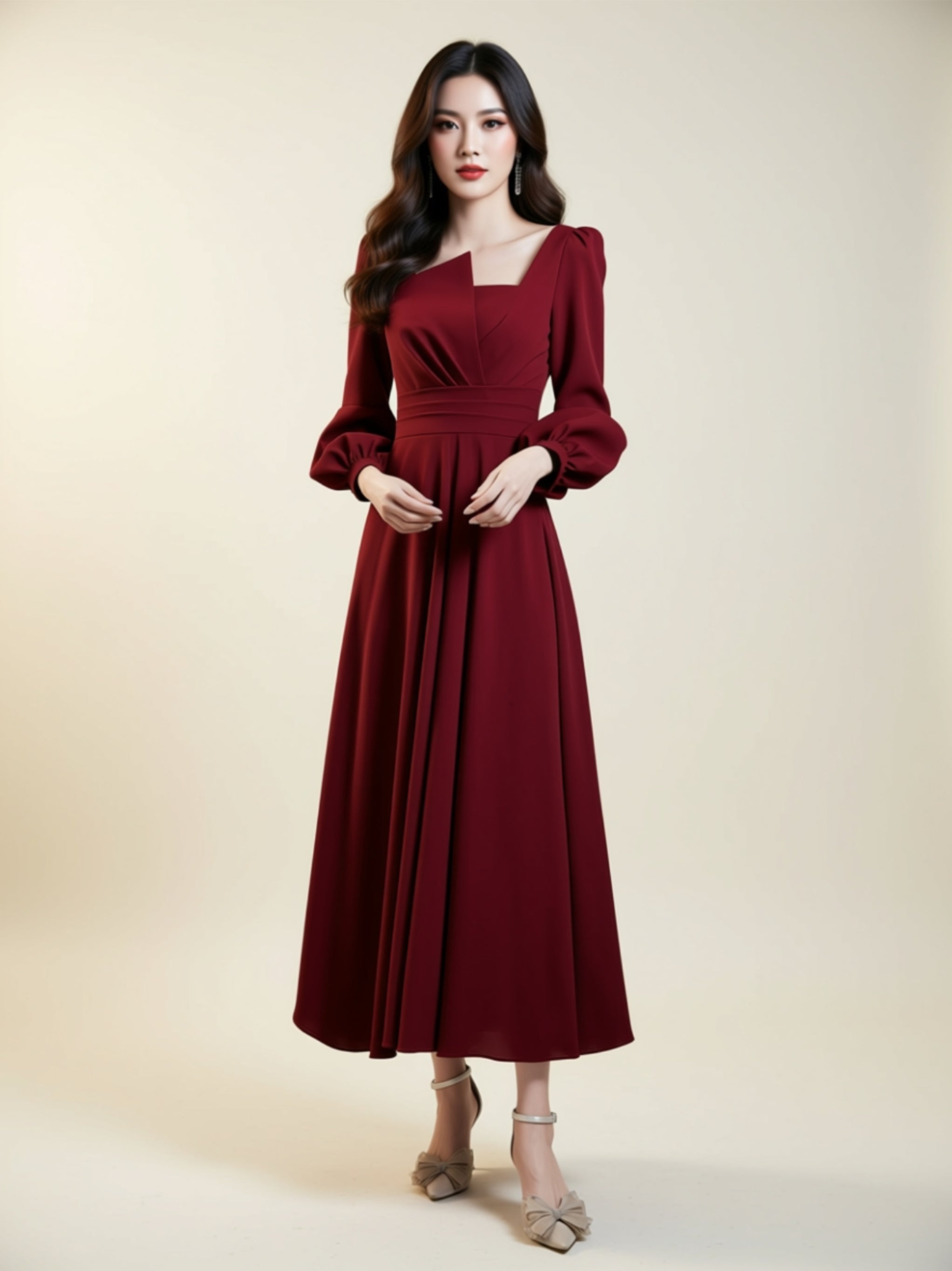 Elegant Long‑Sleeve A‑Line Midi Dress