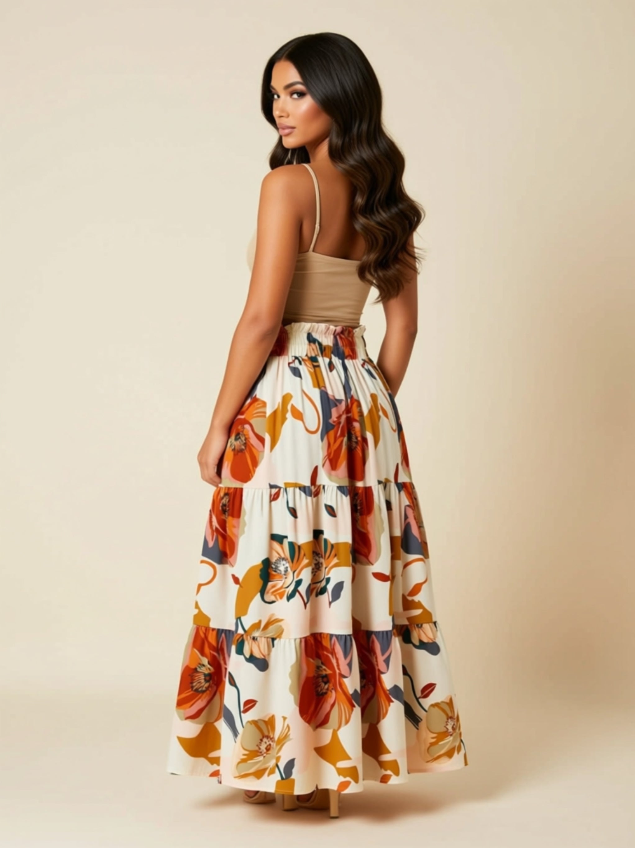 Floral Print Drawstring Maxi Skirt