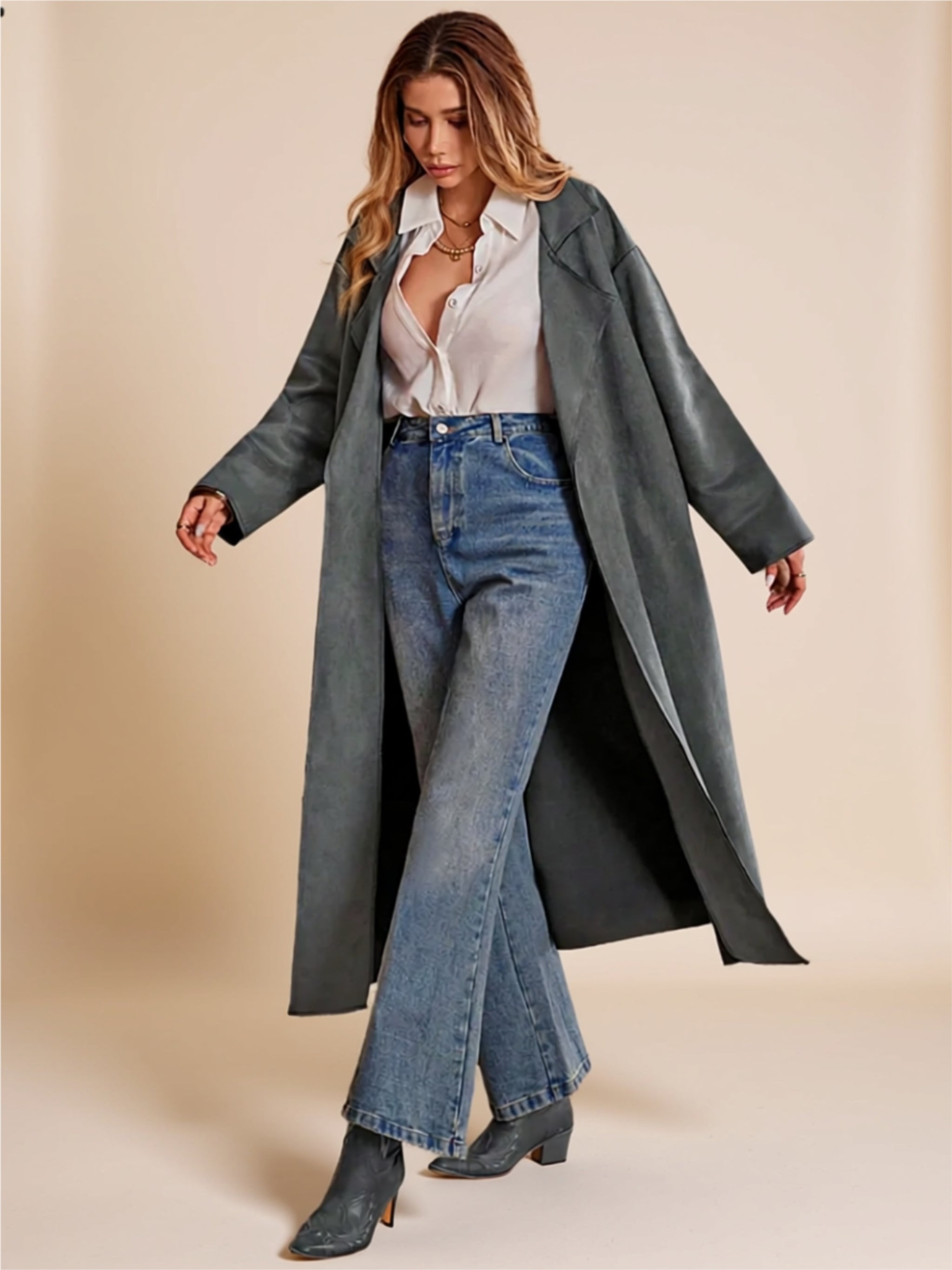 Long Open-Front Trench Coat with Tie Waist