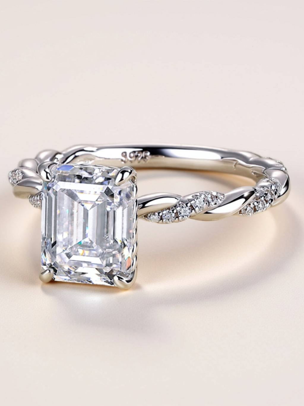 Moissanite Engagement Ring – Emerald Cut Solitaire with Twisted Pavé Band