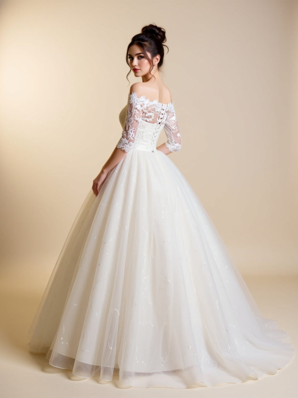 Elegant Off‑Shoulder Lace Embroidery Ball Gown Wedding Dress