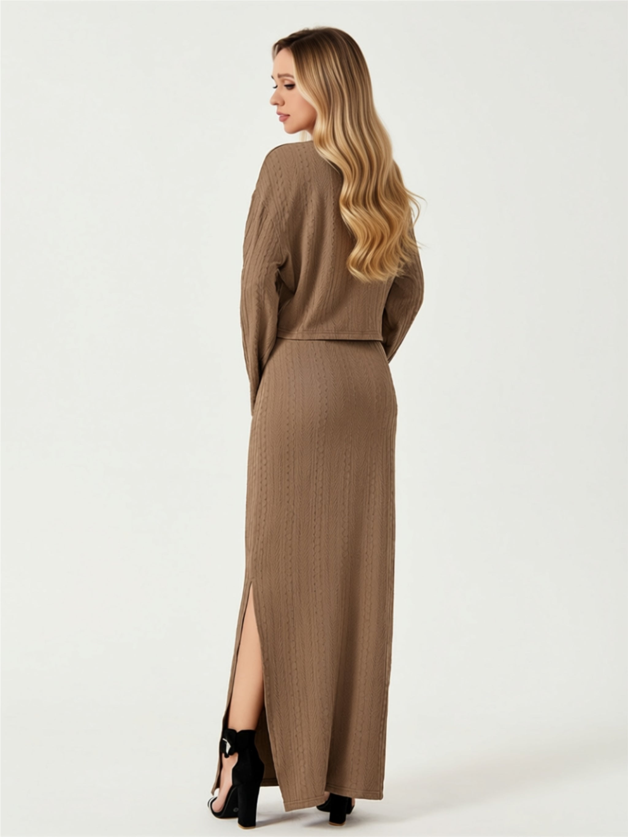 Long Sleeve Ribbed Two‑Piece Maxi Skirt Set