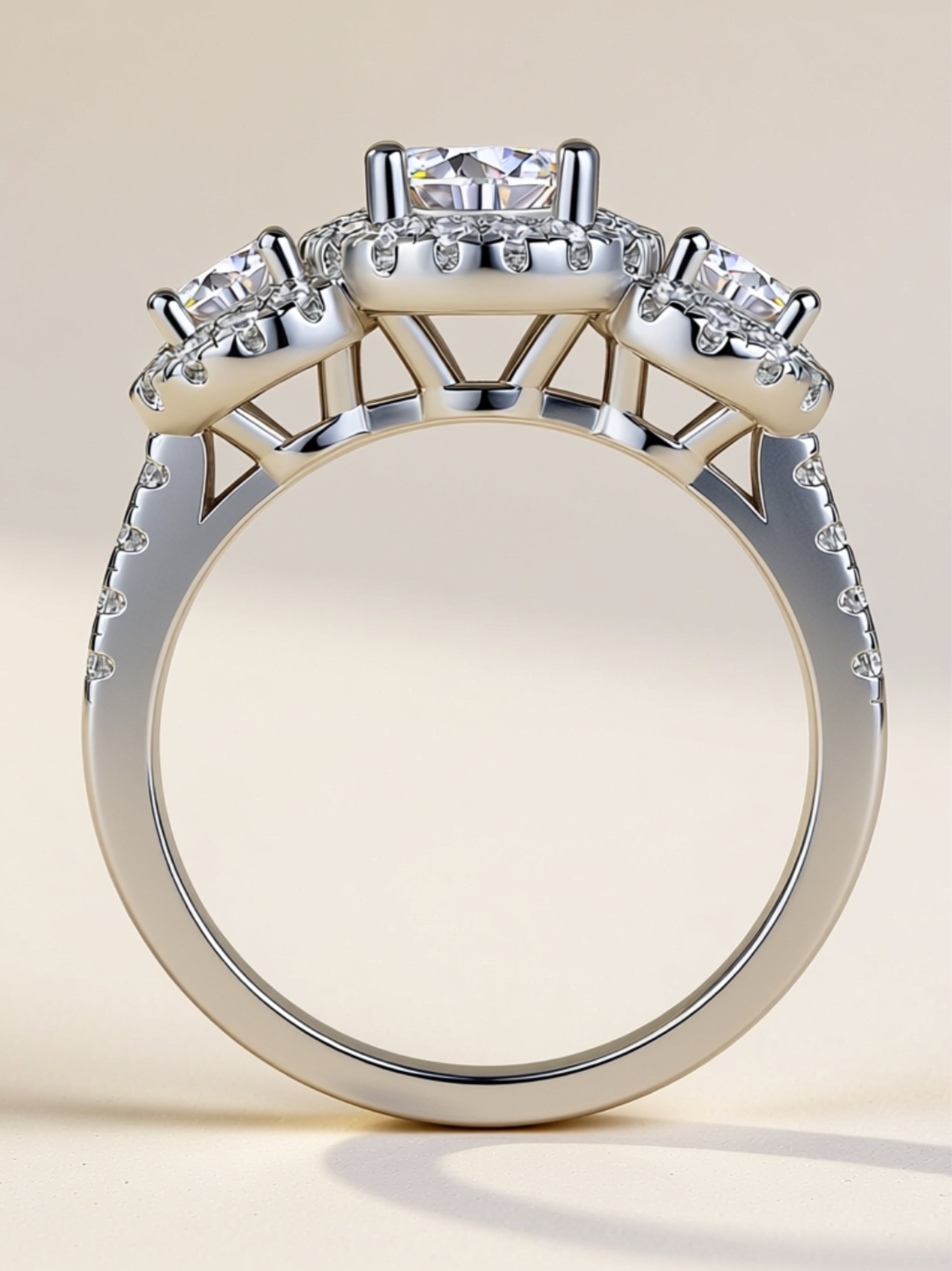 1CT Three‑Stone Moissanite Halo Engagement Ring