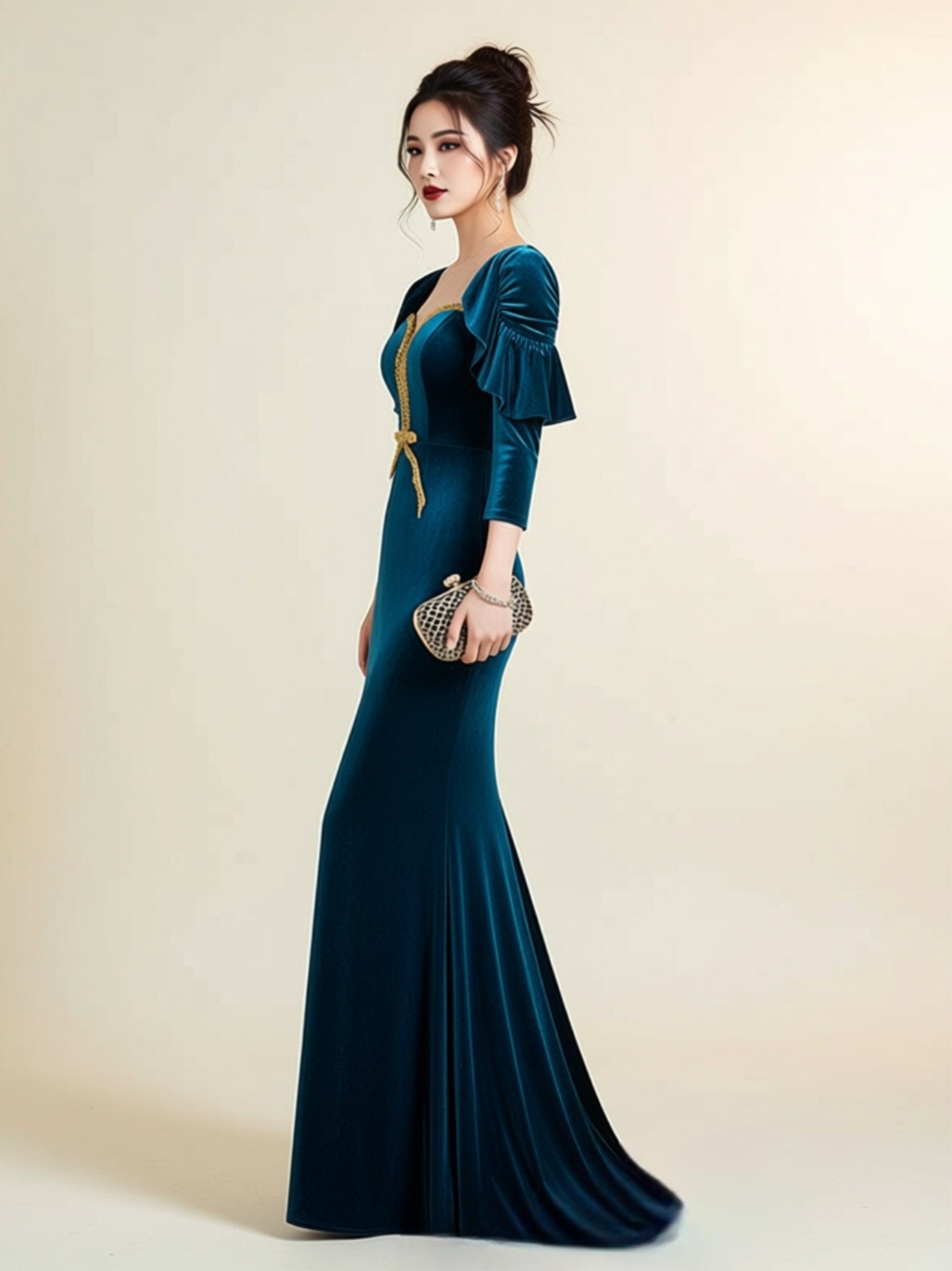 Teal Velvet Mermaid Evening Gown