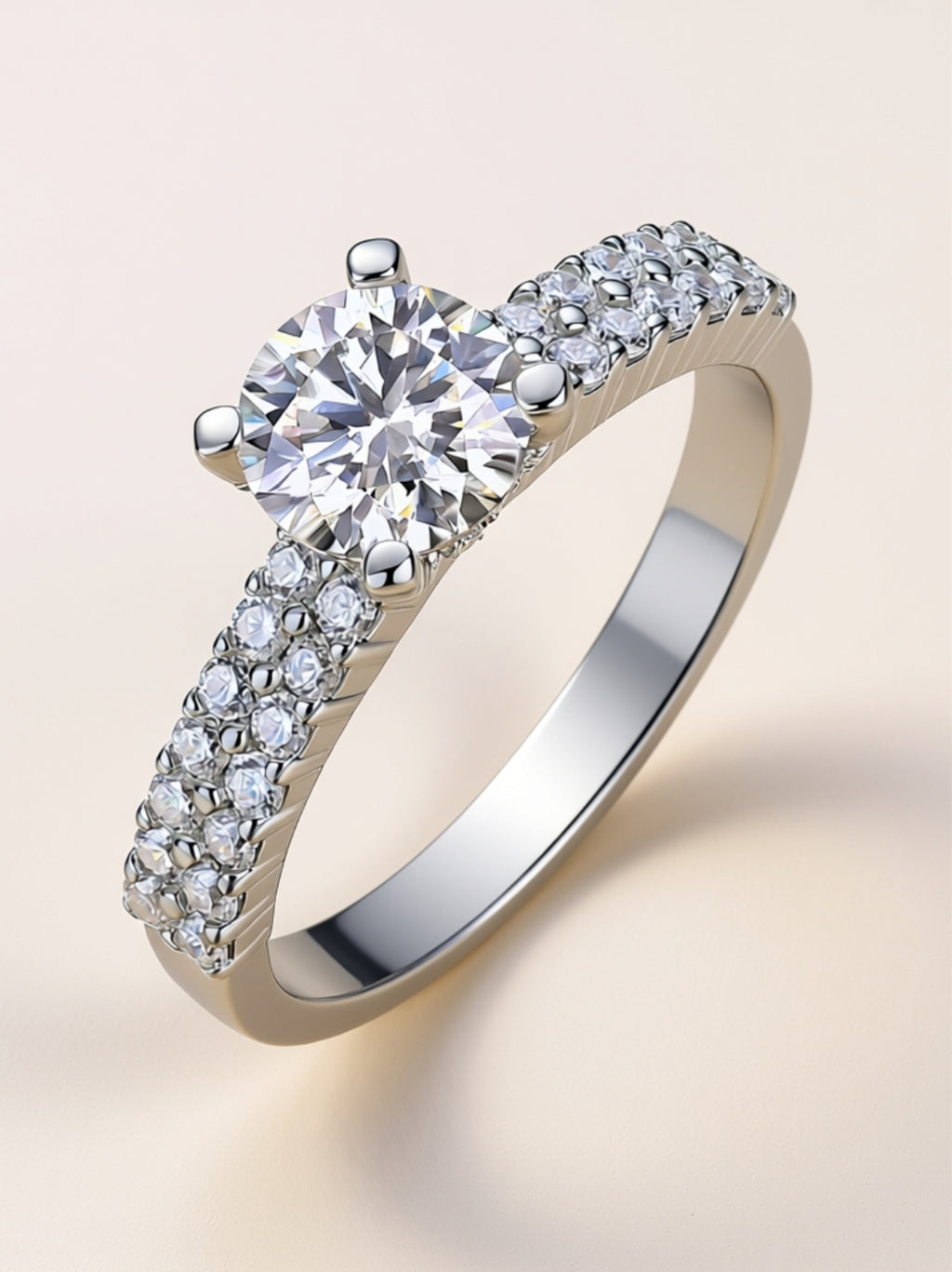 1 Carat Moissanite Engagement Ring – Round‑Cut Solitaire with Double Pavé Band