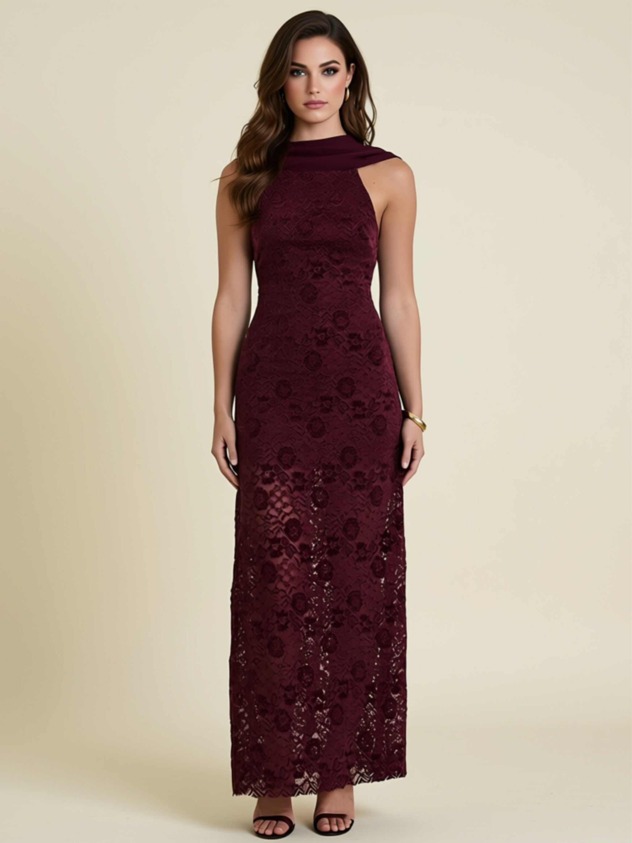 Wine Red Lace Slim‑Fit Maxi Dress