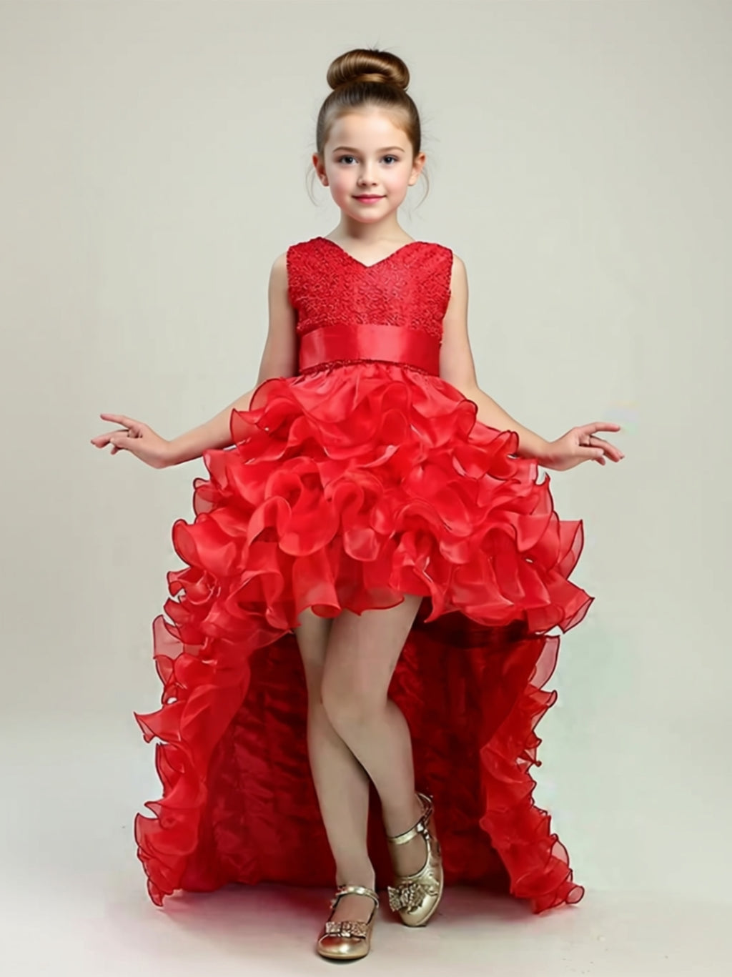 Girls’ High‑Low Ruffle Ball Gown