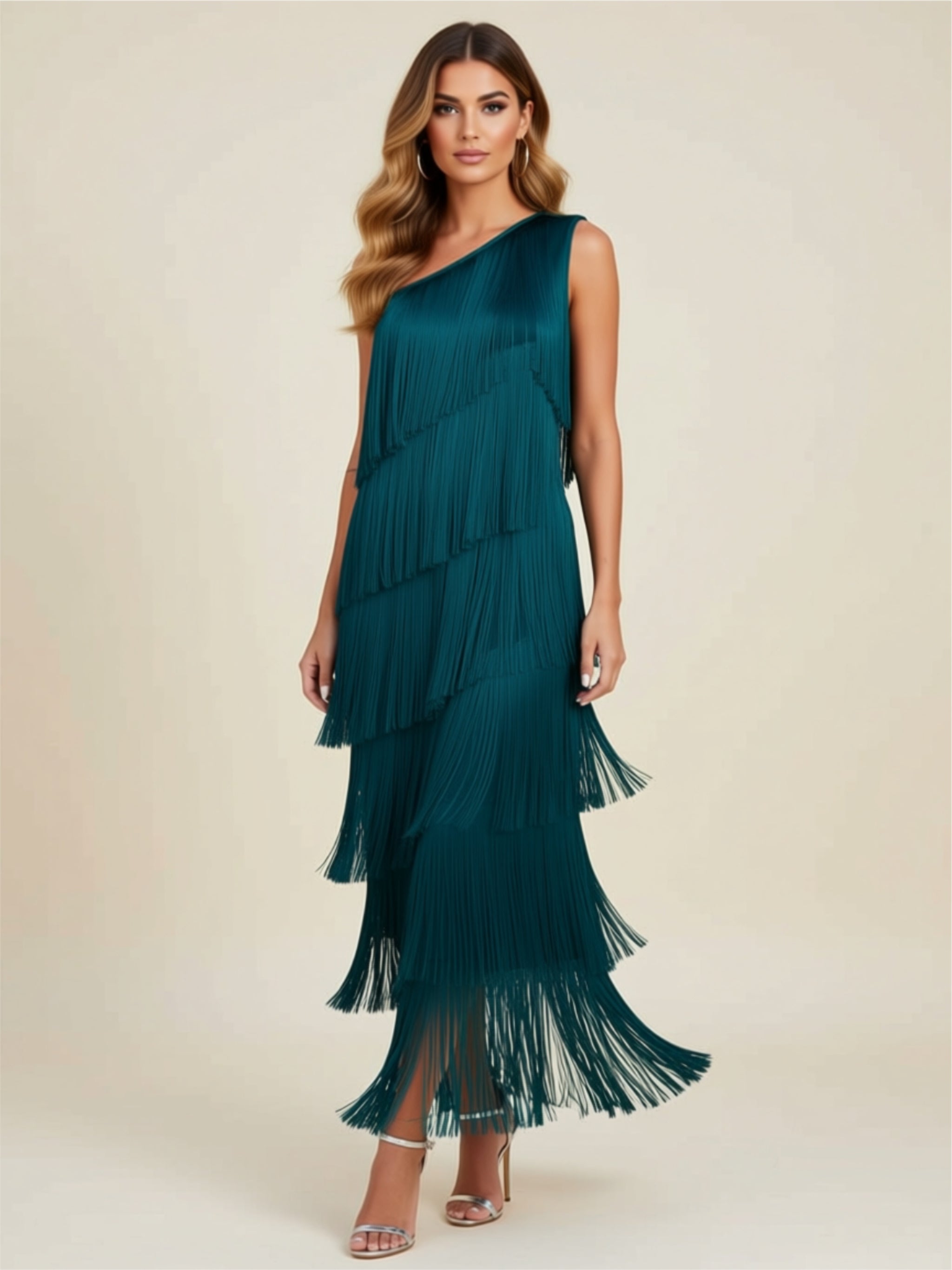 One‑Shoulder Tiered Fringe Maxi Dress