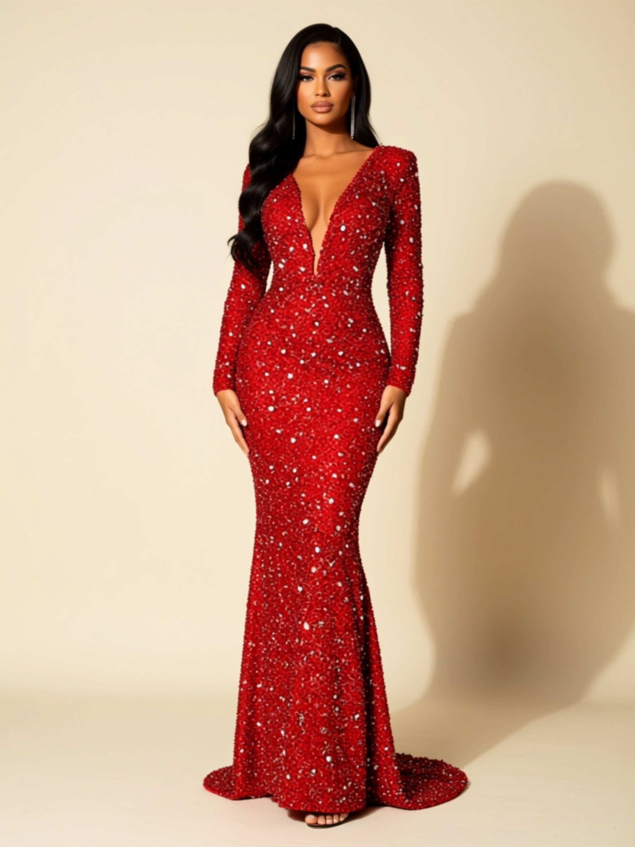 Red Sequin Fishtail Maxi Dress