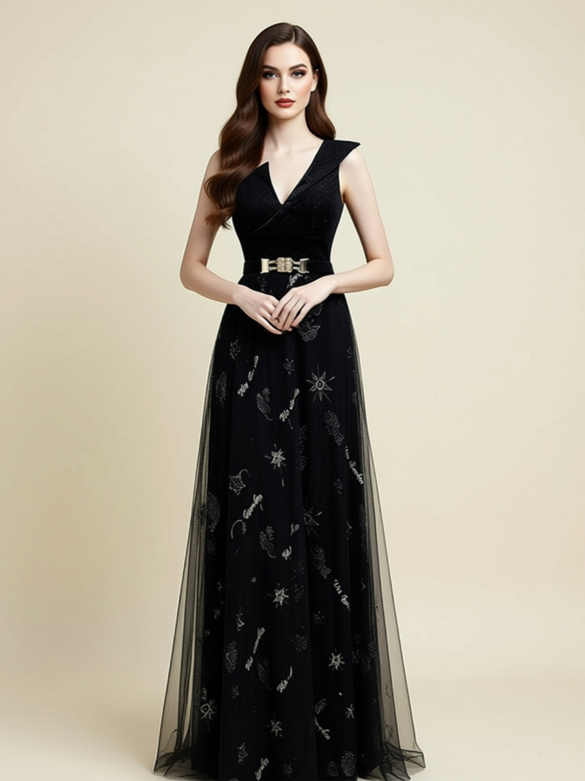 Sleeveless V‑Neck Embroidered Tulle Maxi Gown
