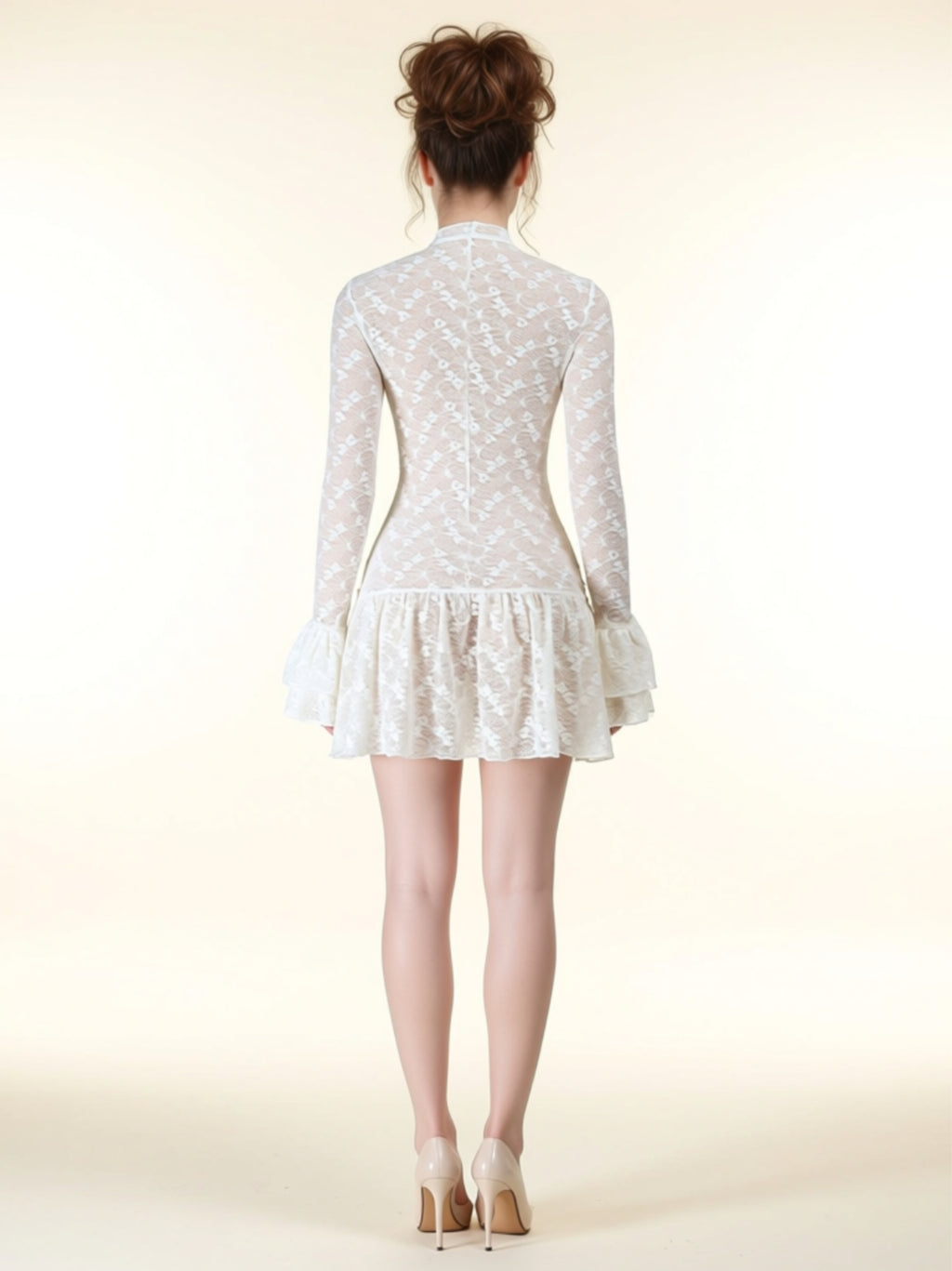 Light Apricot Long Sleeve Lace Ruffle Hem Mini Dress