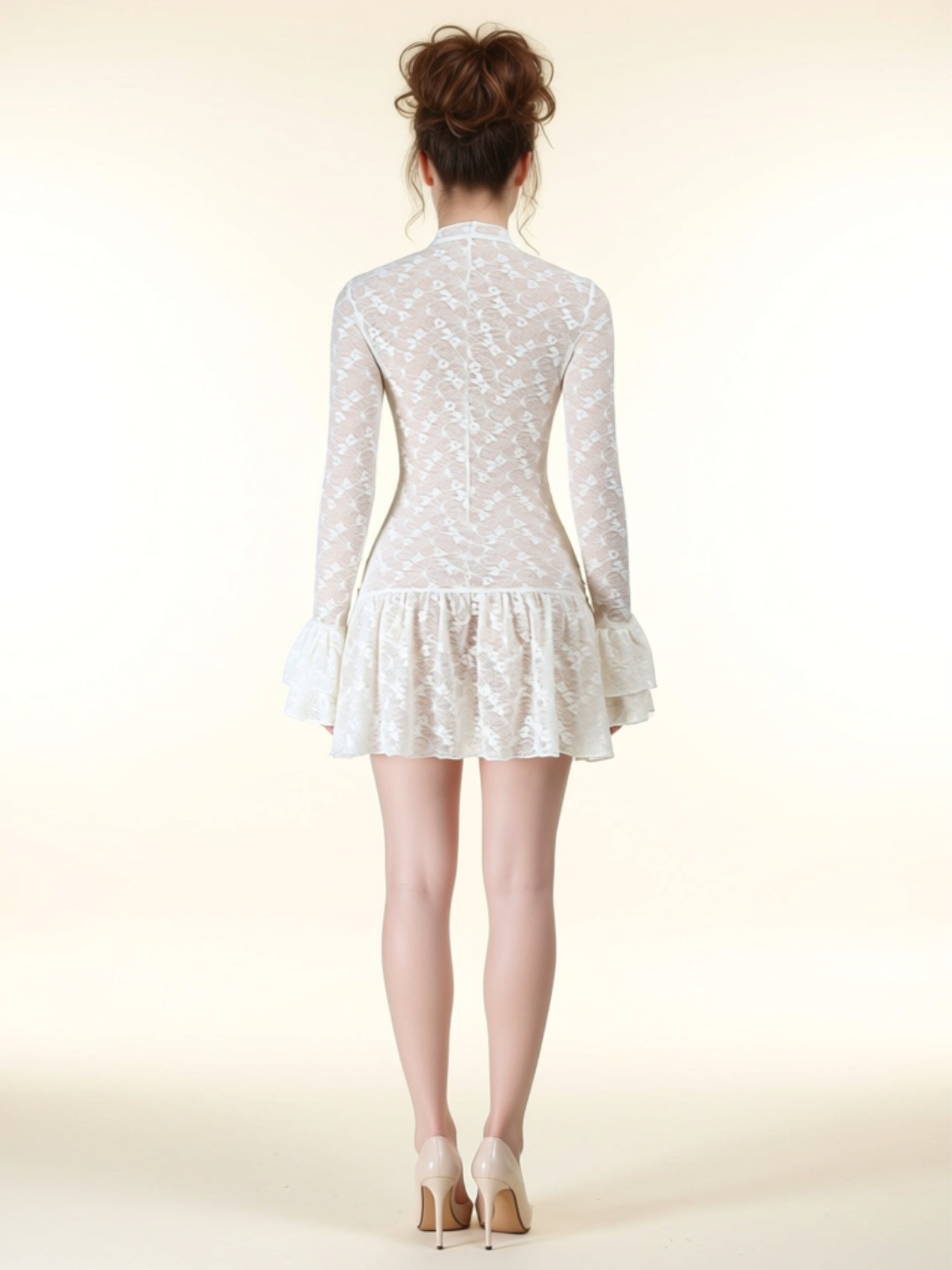 Light Apricot Long Sleeve Lace Ruffle Hem Mini Dress