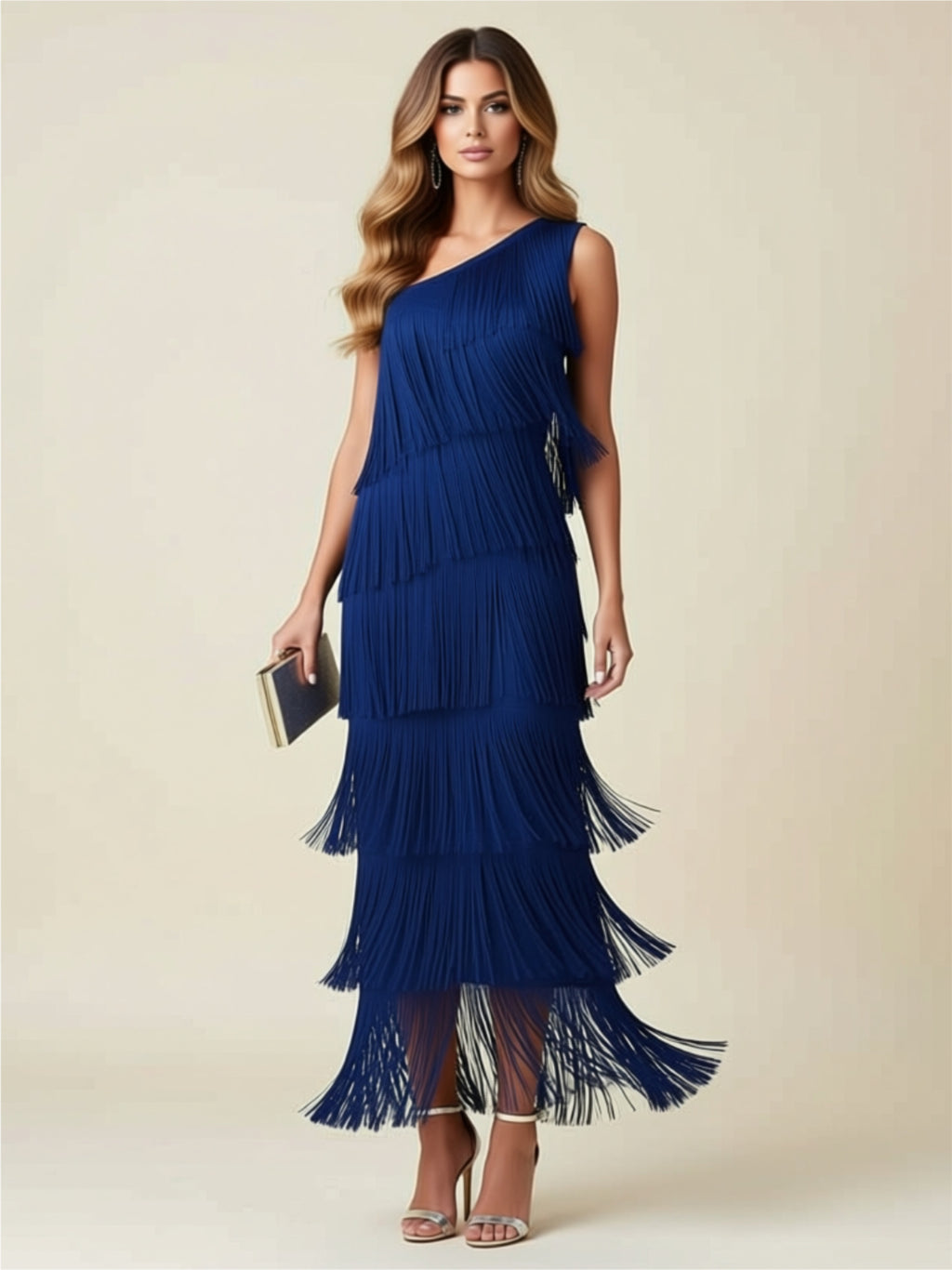 One‑Shoulder Tiered Fringe Maxi Dress