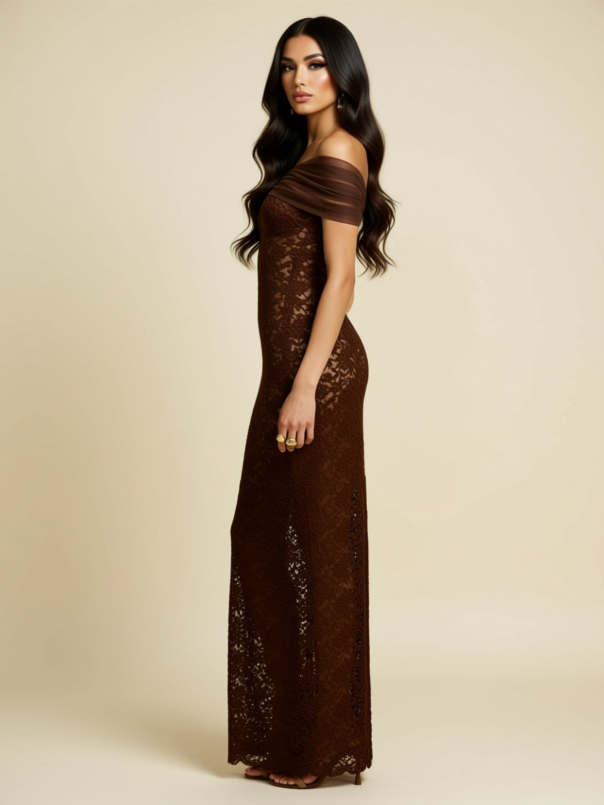 Off‑Shoulder Lace Maxi Dress