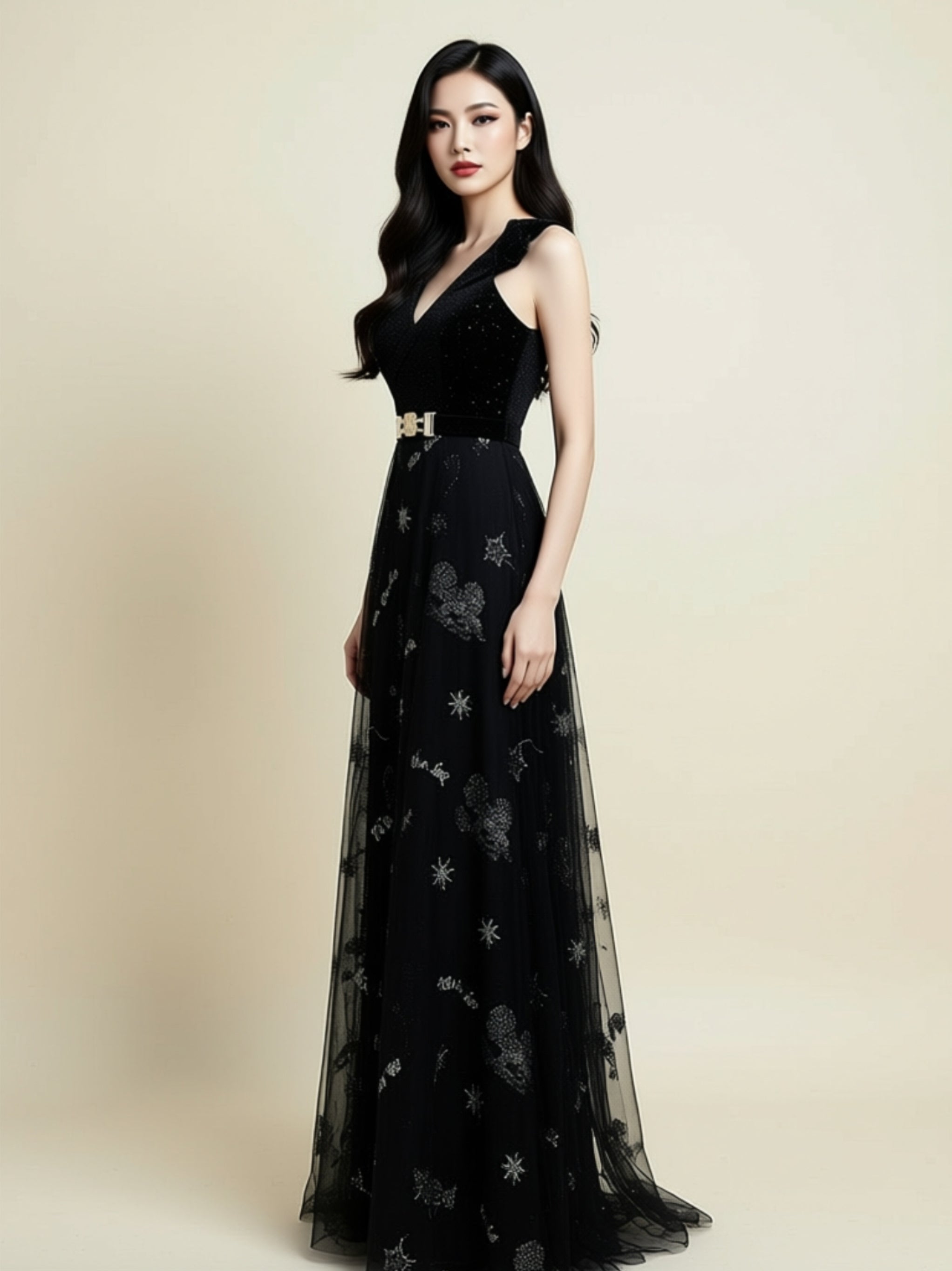 Sleeveless V‑Neck Embroidered Tulle Maxi Gown