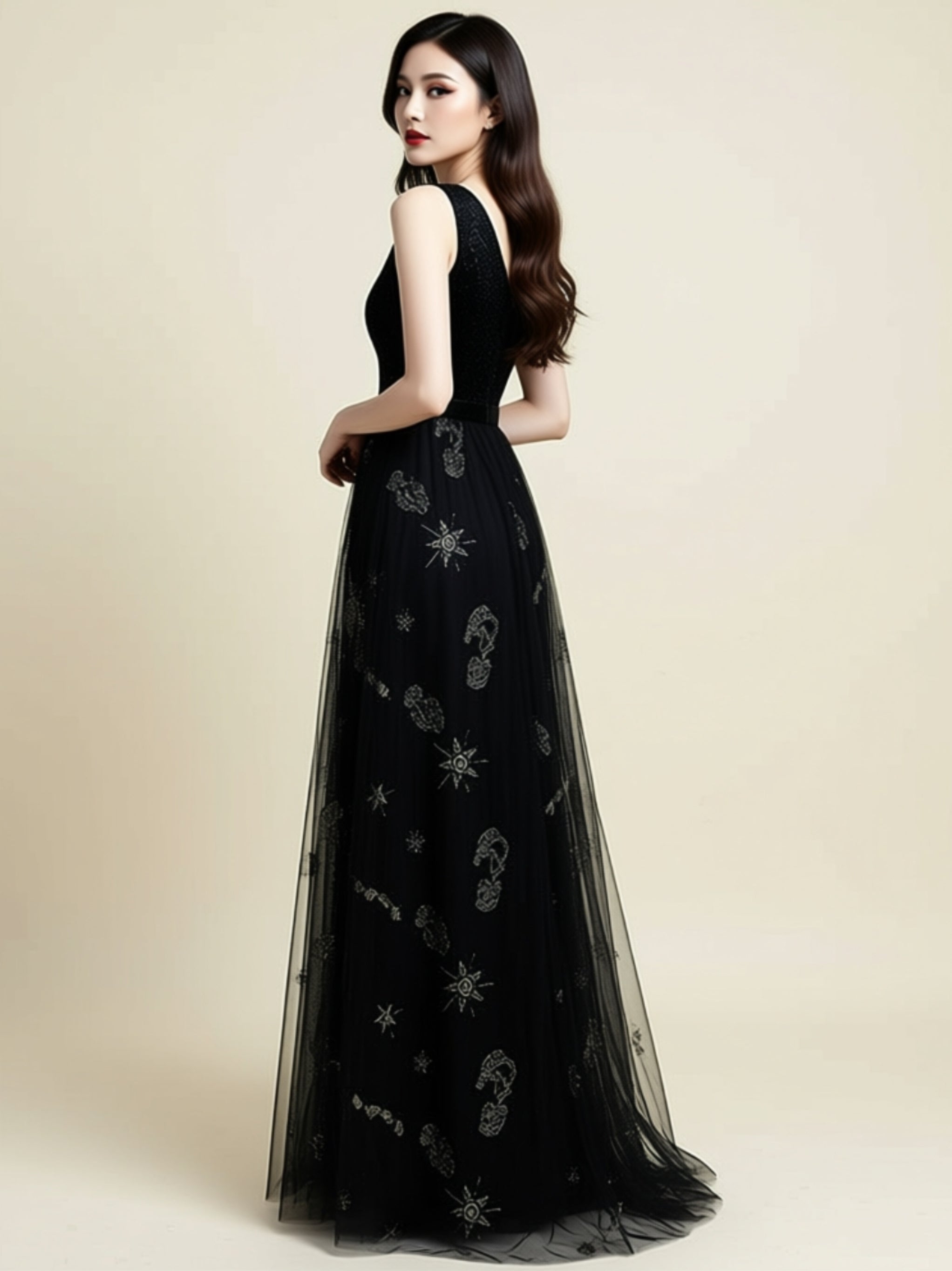 Sleeveless V‑Neck Embroidered Tulle Maxi Gown