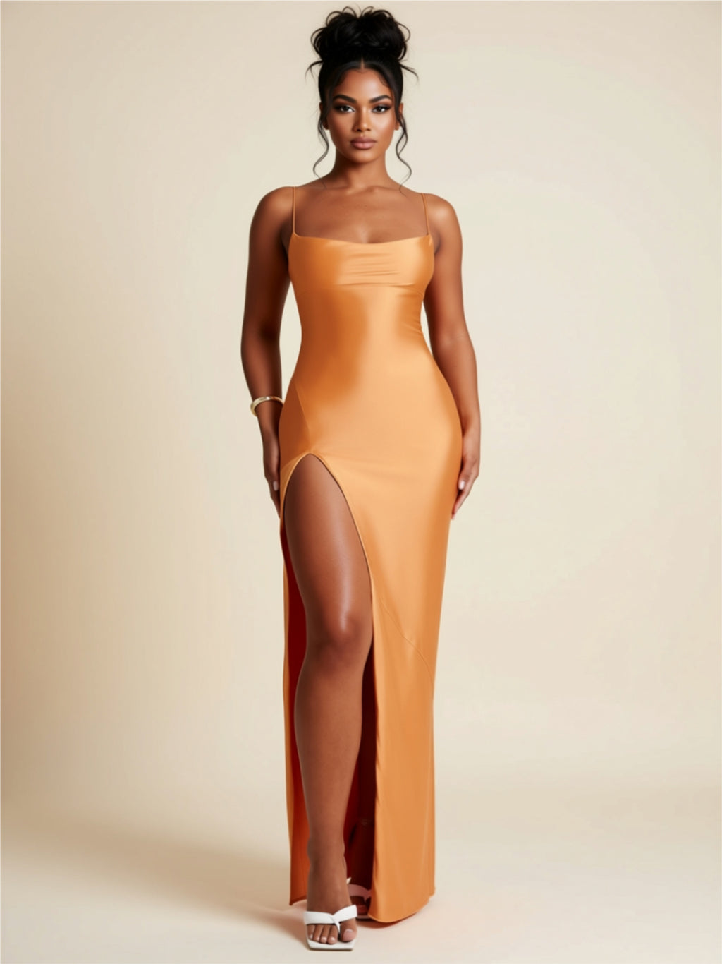 Satin Spaghetti Strap Maxi Dress with High Thigh Slit –