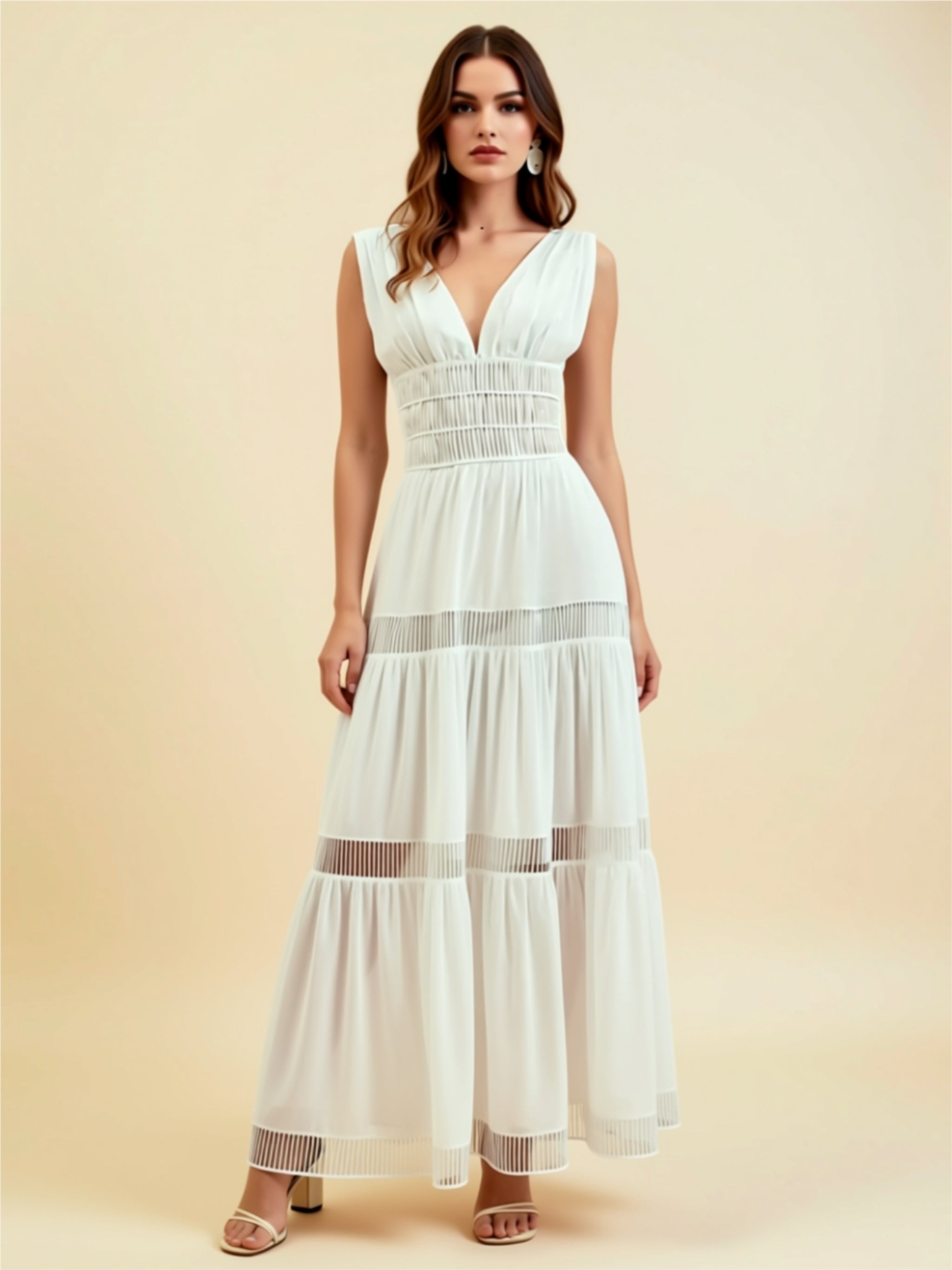 Smocked V‑Neck Maxi Dress with Sheer Panel Details