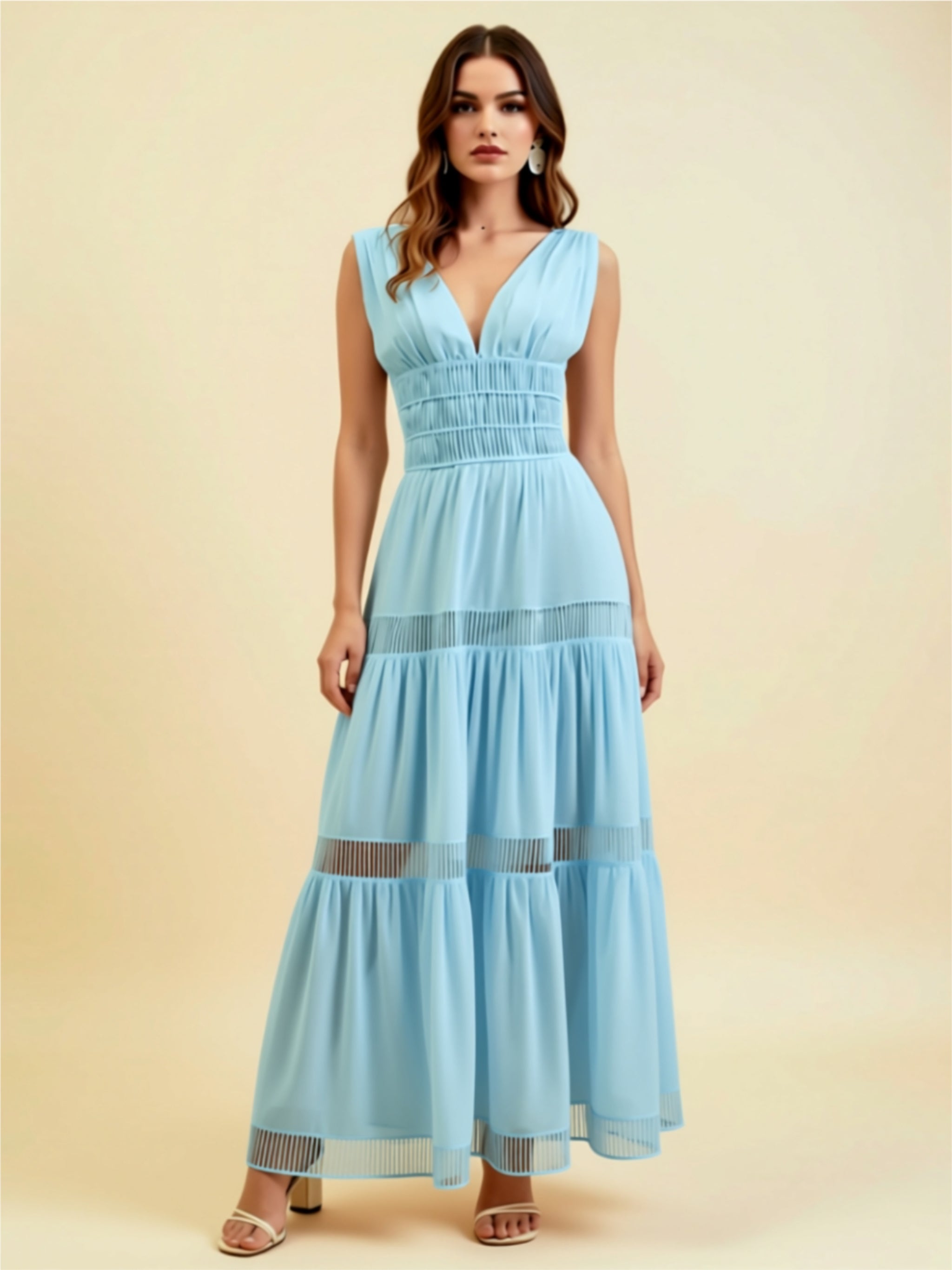 Smocked V‑Neck Maxi Dress with Sheer Panel Details