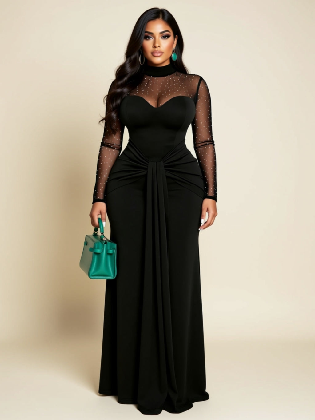 Mesh Sleeve Ruched Maxi Dress with Front Tie Detail