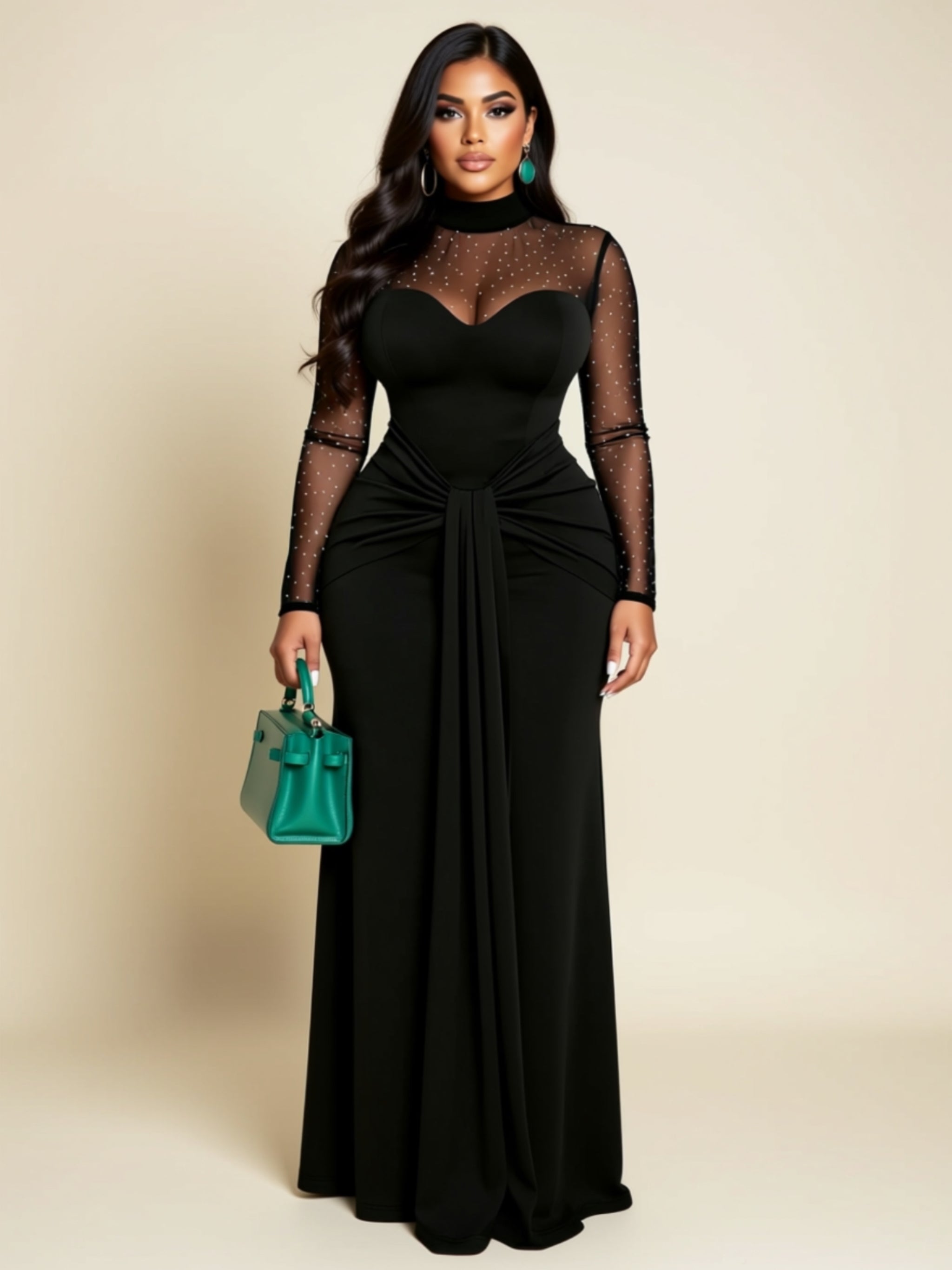 Mesh Sleeve Ruched Maxi Dress with Front Tie Detail