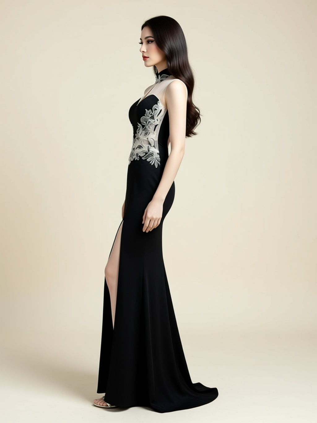 Halter Neck Embroidered Mesh Panel Evening Gown