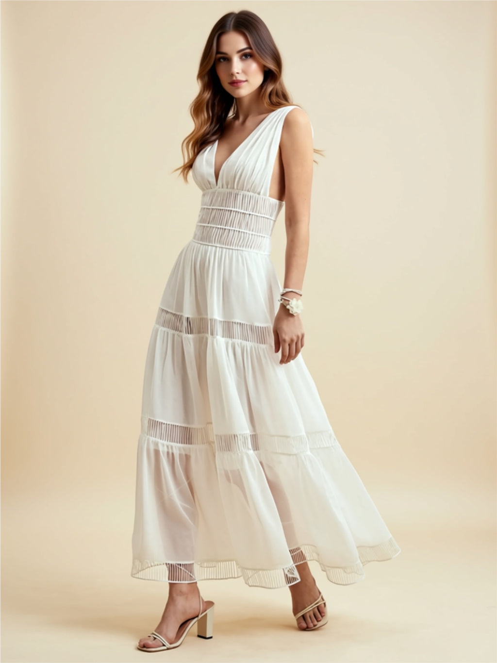 Smocked V‑Neck Maxi Dress with Sheer Panel Details