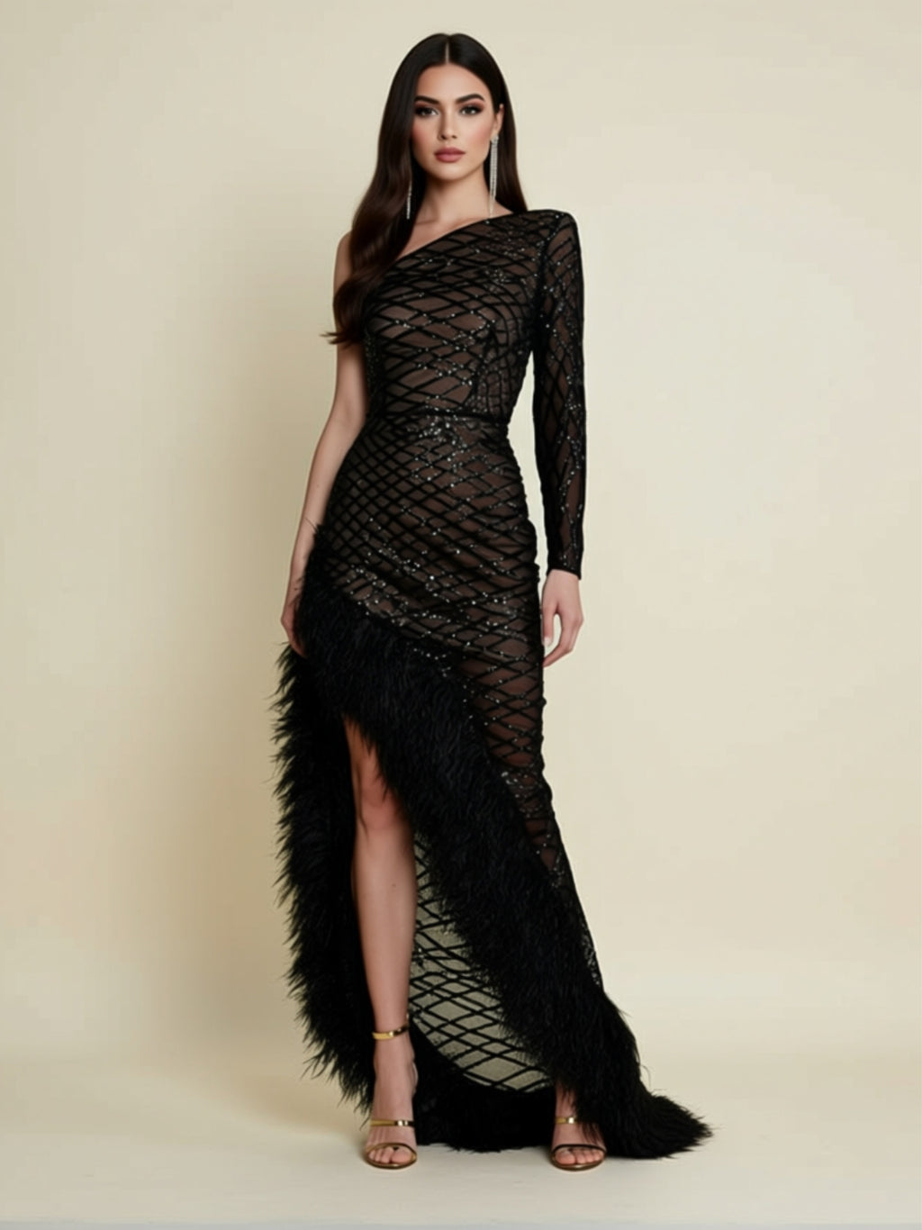 Mesh Feather Trim Asymmetric Maxi Dress