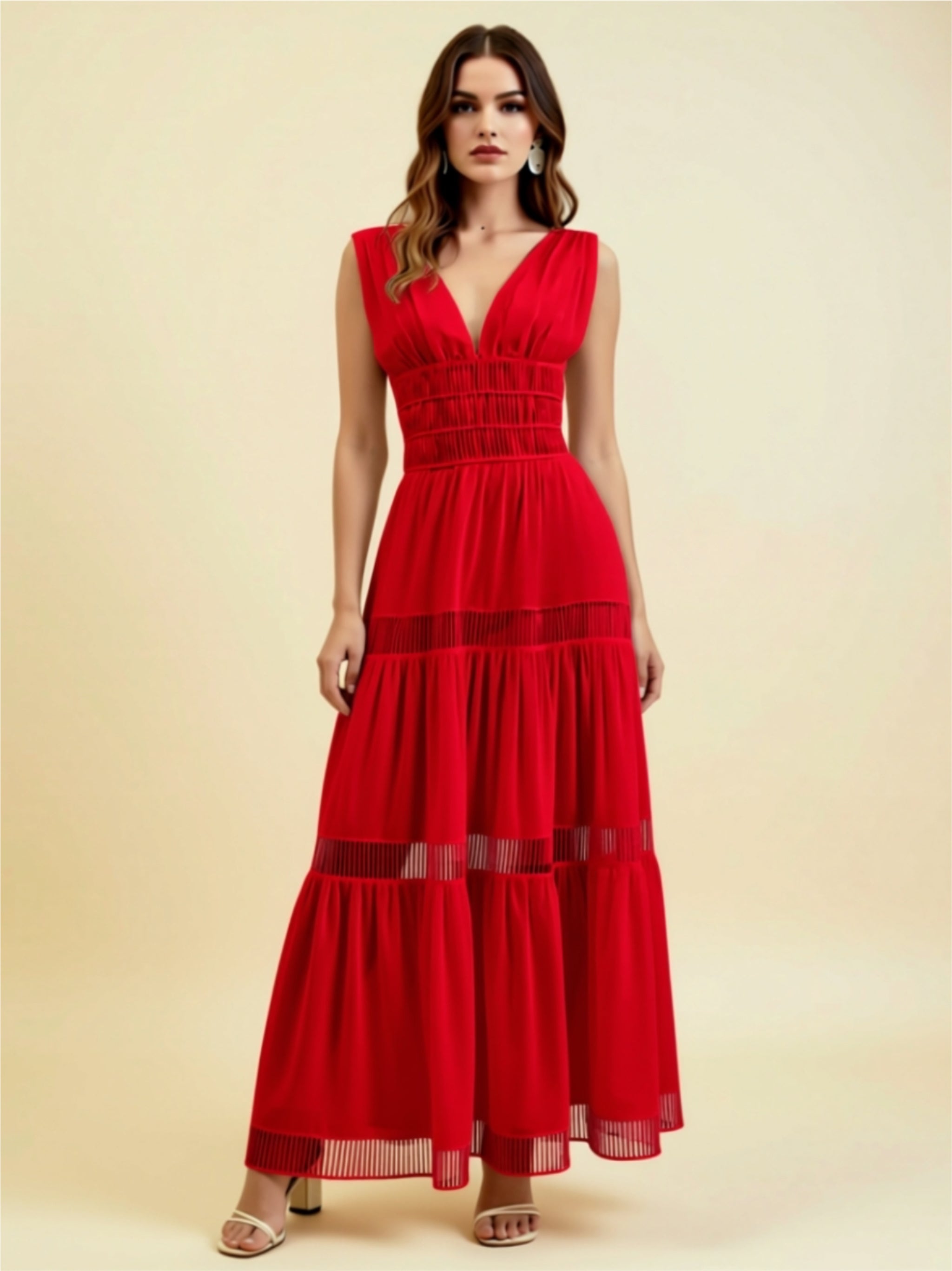 Smocked V‑Neck Maxi Dress with Sheer Panel Details