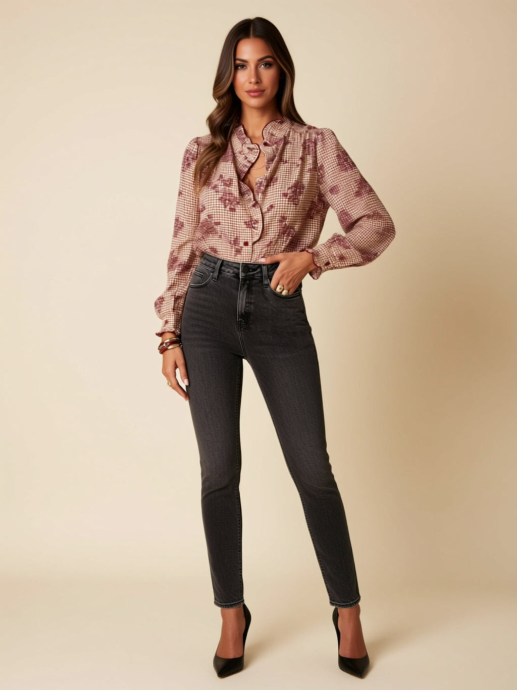 Ruffled Button-Front Floral Print Blouse