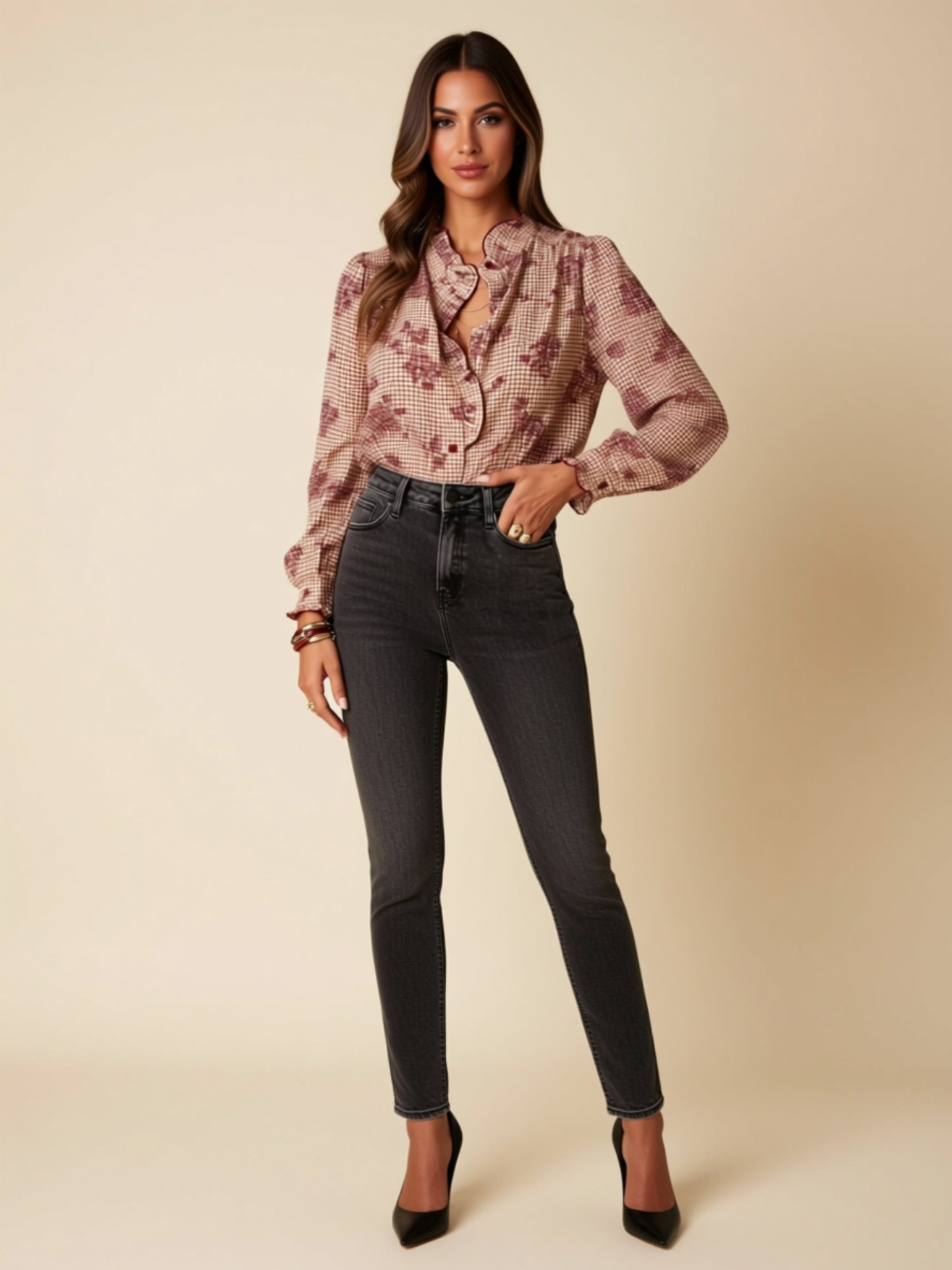 Ruffled Button-Front Floral Print Blouse