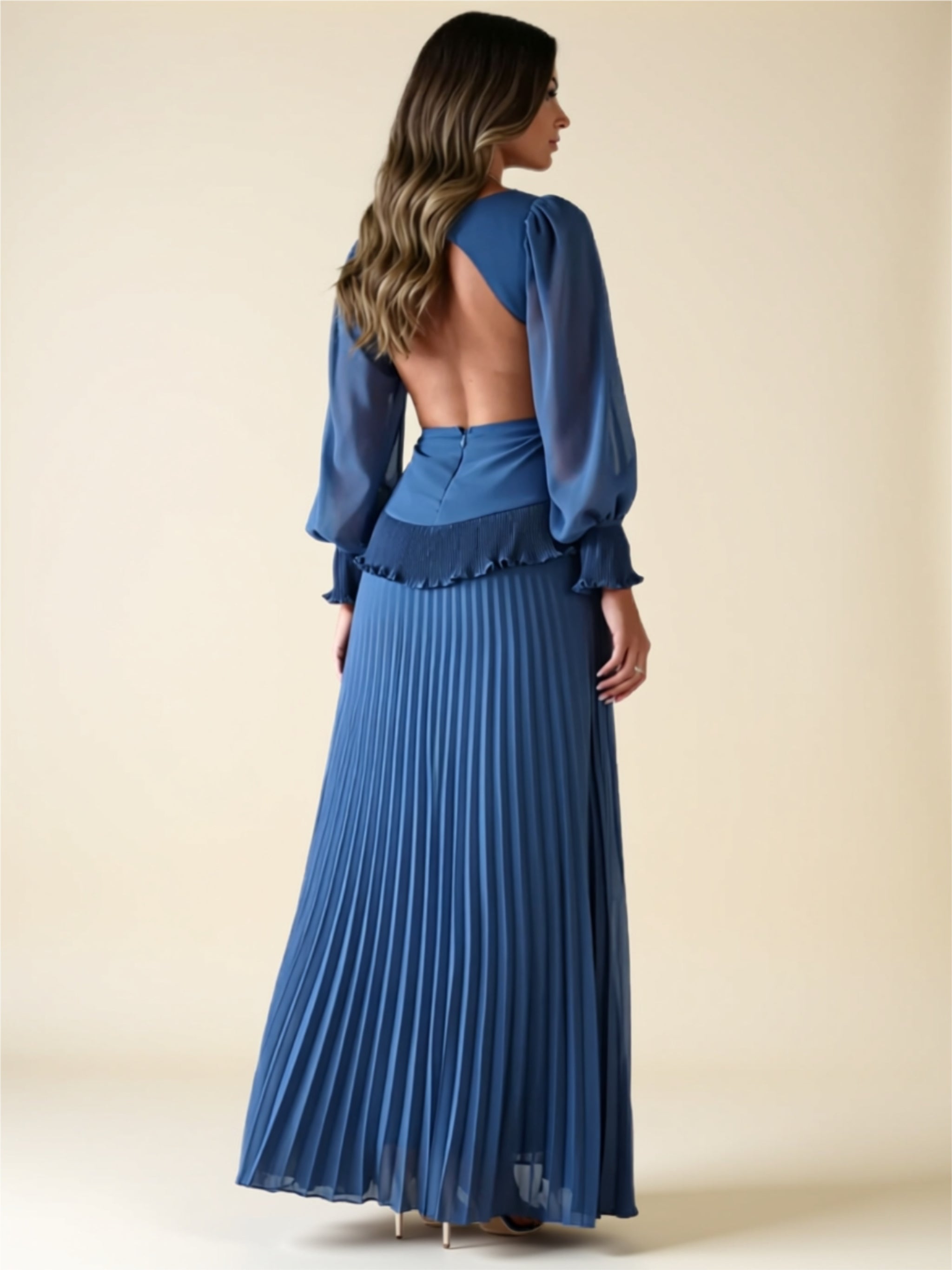 Elegant Cutout Pleated Maxi Dress with Ruffled Waist & Long Sheer Sleeves