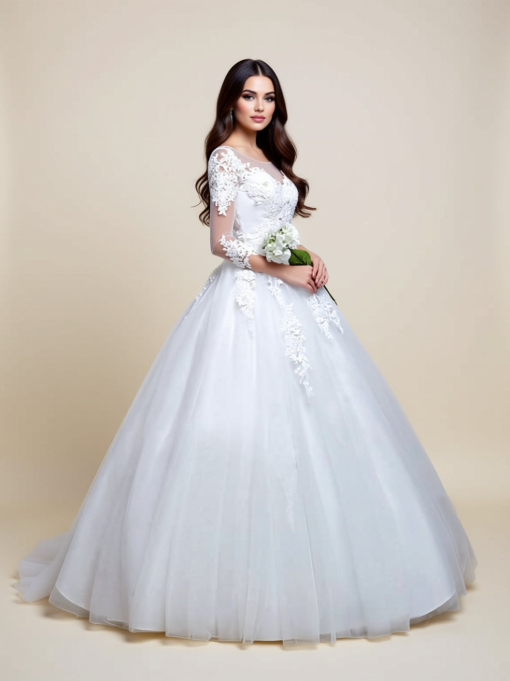 Elegant Lace Long‑Sleeve Ball Gown Wedding Dress with Appliqué Details