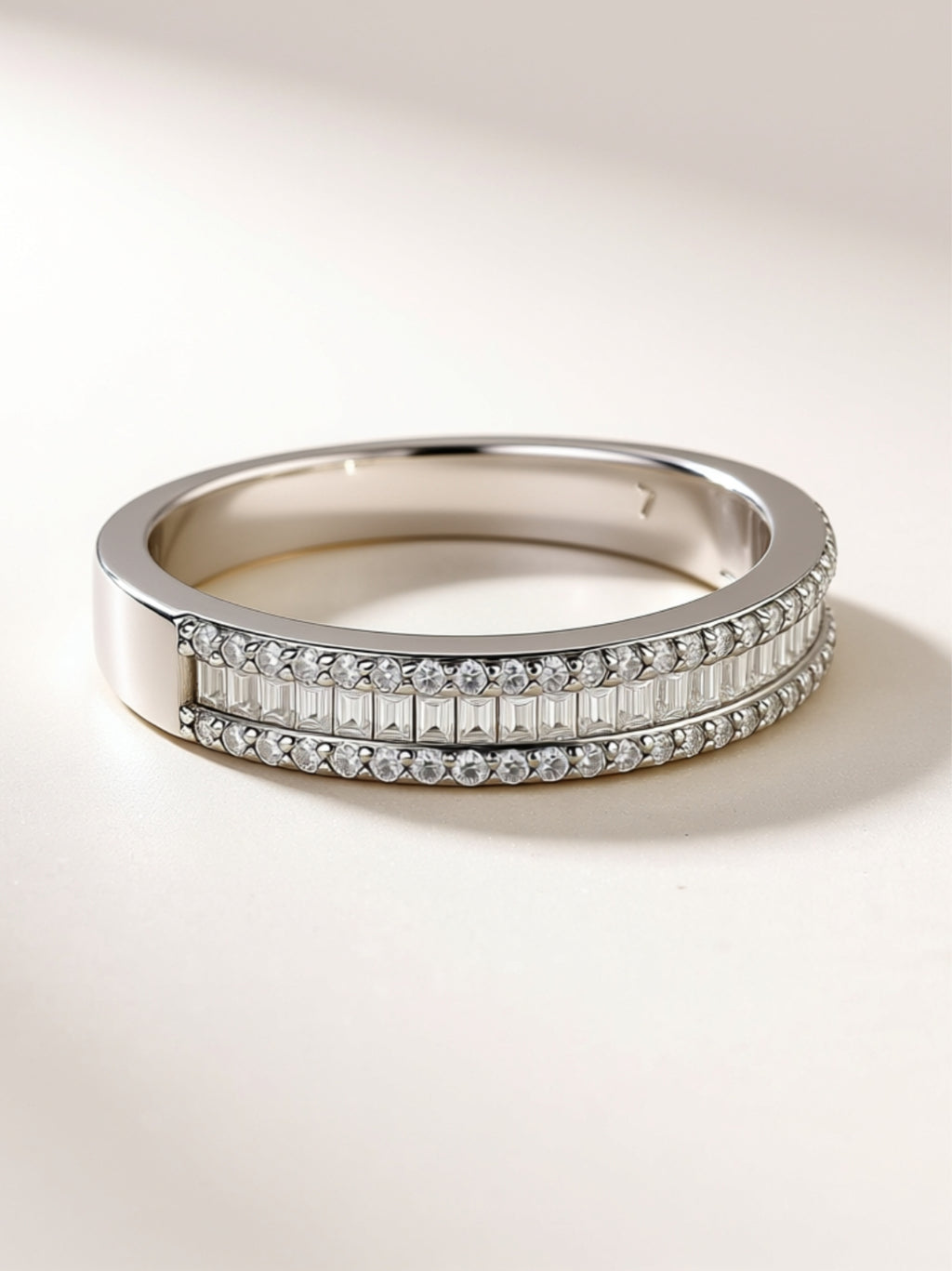 Elegant Baguette Moissanite Band Ring in Platinum‑Plated S925 Silver