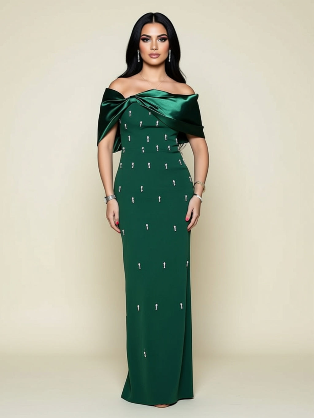 Elegant Off‑Shoulder Satin Bow Maxi Dress