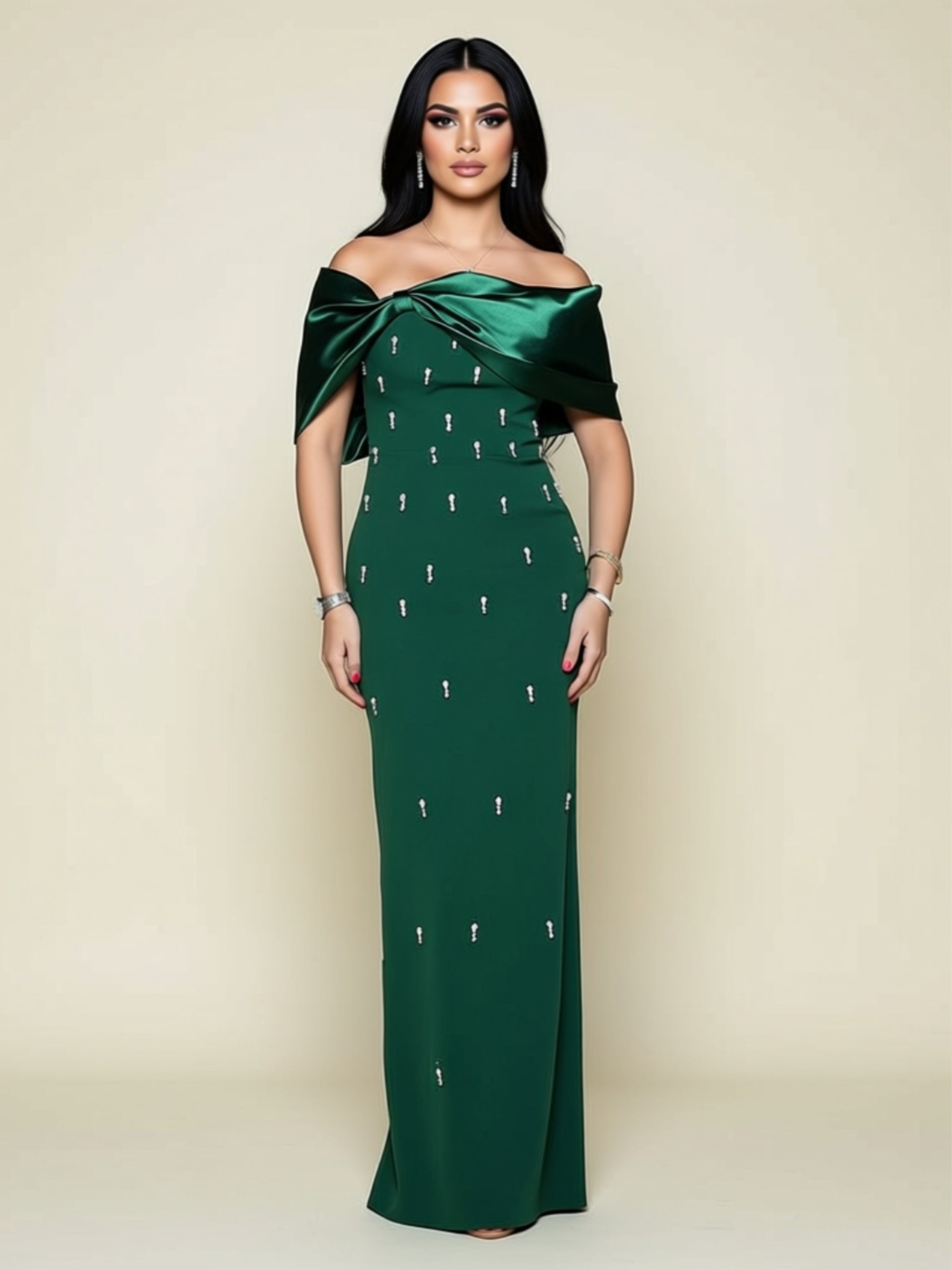 Elegant Off‑Shoulder Satin Bow Maxi Dress