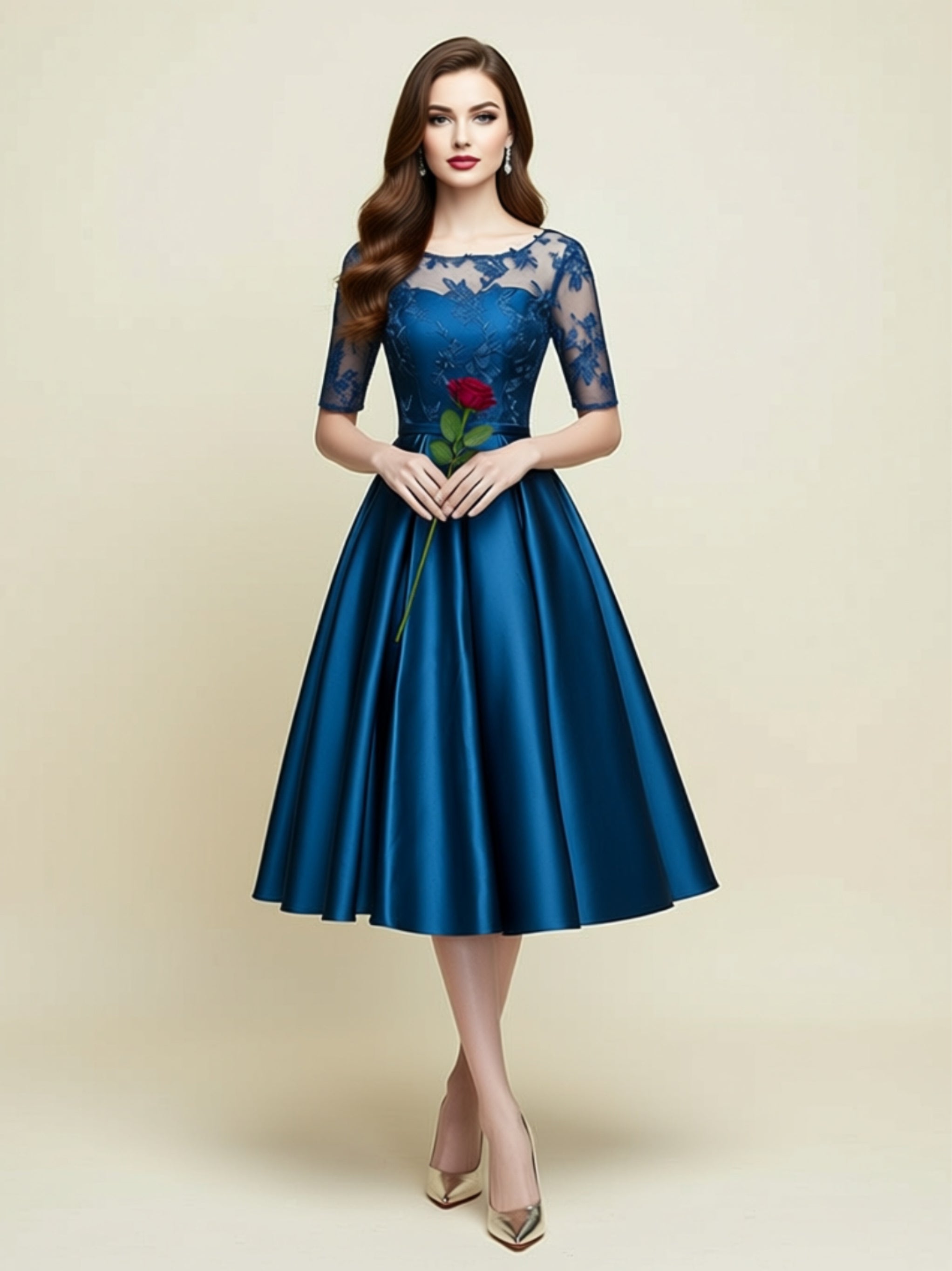 Elegant Lace Top A‑Line Midi Dress