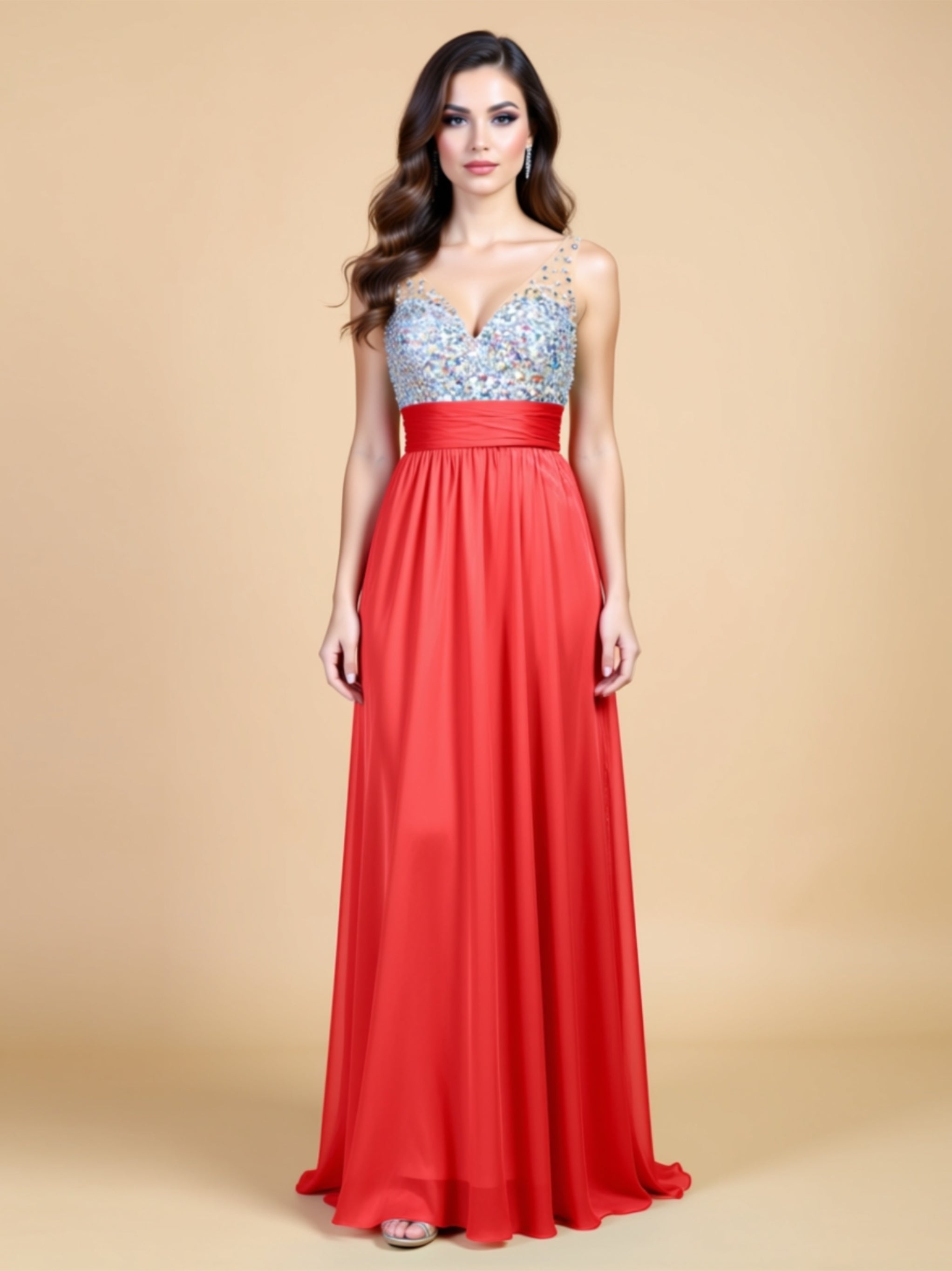 Silk Chiffon Diamond‑Embellished Evening Gown