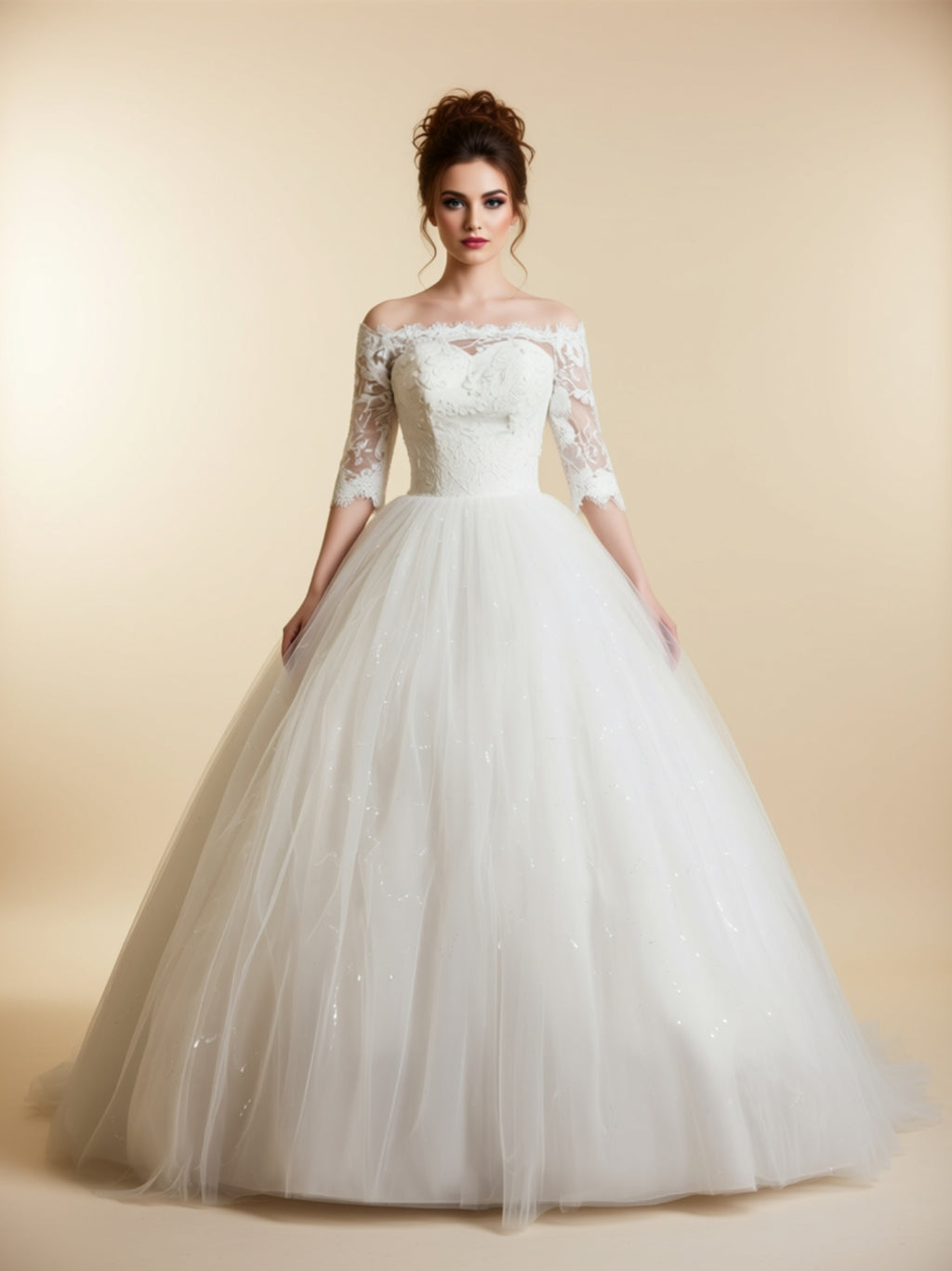 Elegant Off‑Shoulder Lace Embroidery Ball Gown Wedding Dress