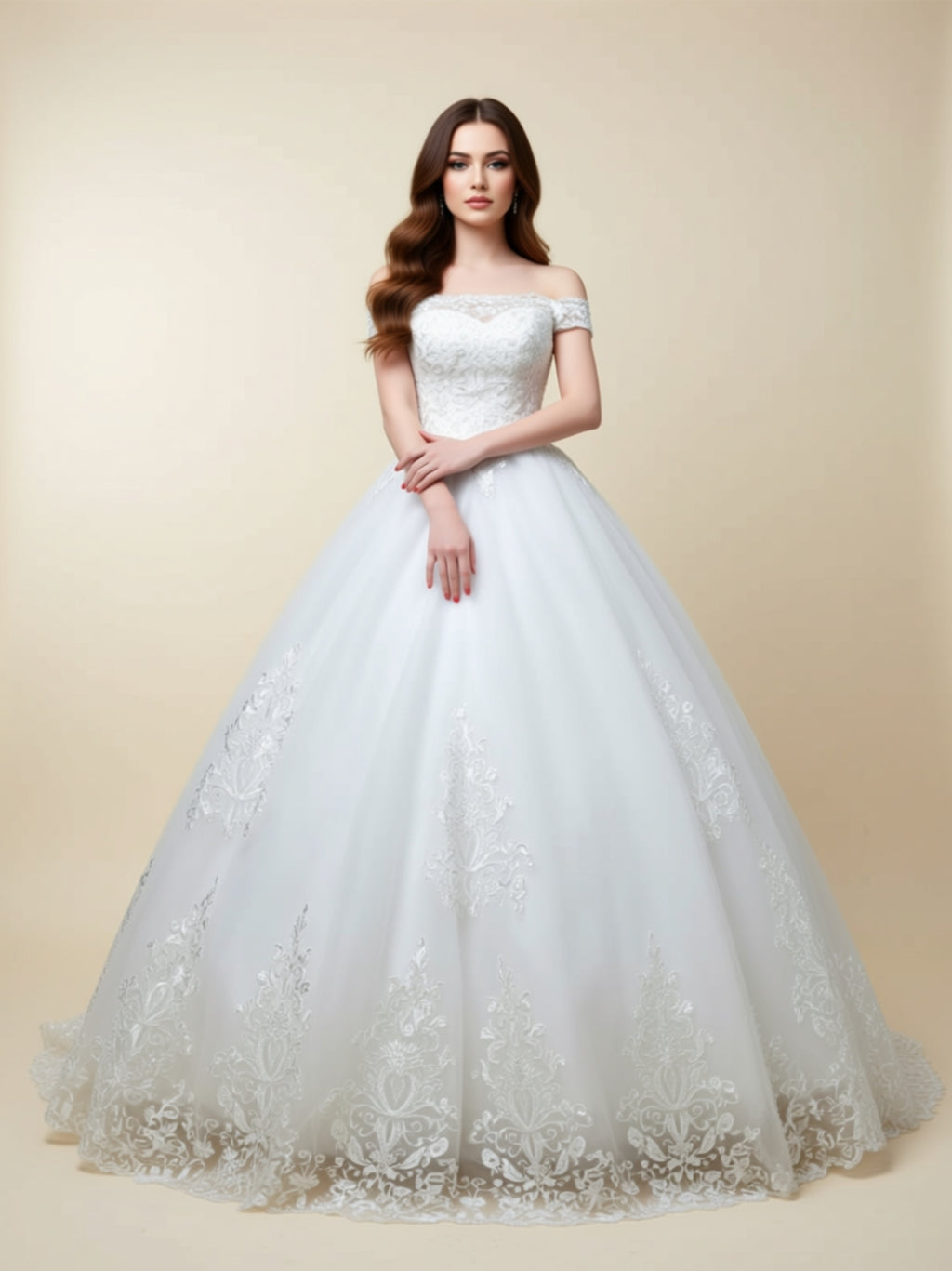 Off‑Shoulder Lace Ball Gown Wedding Dress
