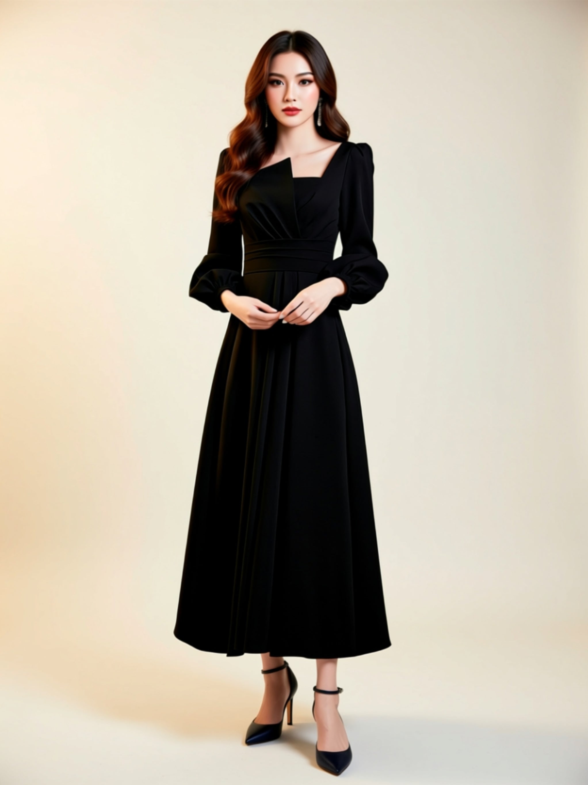 Elegant Long‑Sleeve A‑Line Midi Dress