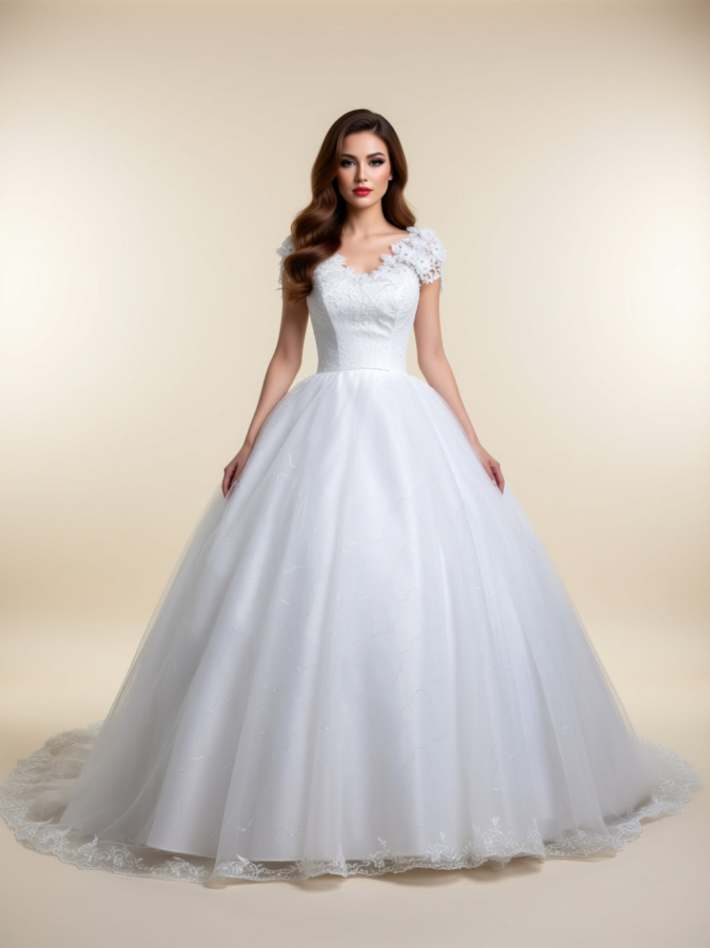 Luxury Crystal Sand Soft Mesh & Satin Ball Gown Wedding Dress with 3D Floral Sleeves and Cathedral Train