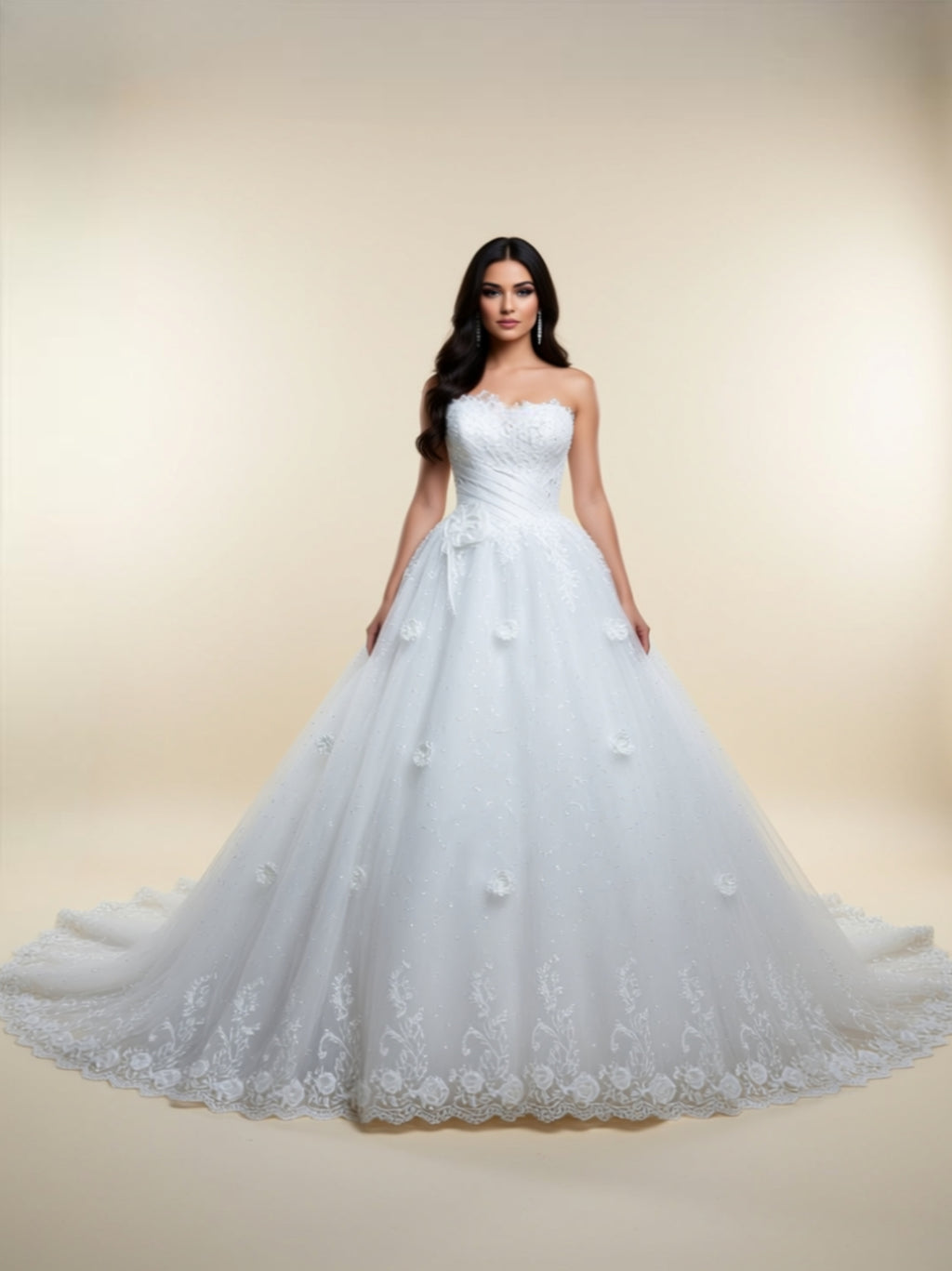 Strapless Satin & Lace Ball Gown Wedding Dress with 3D Floral Appliqué and Long Train